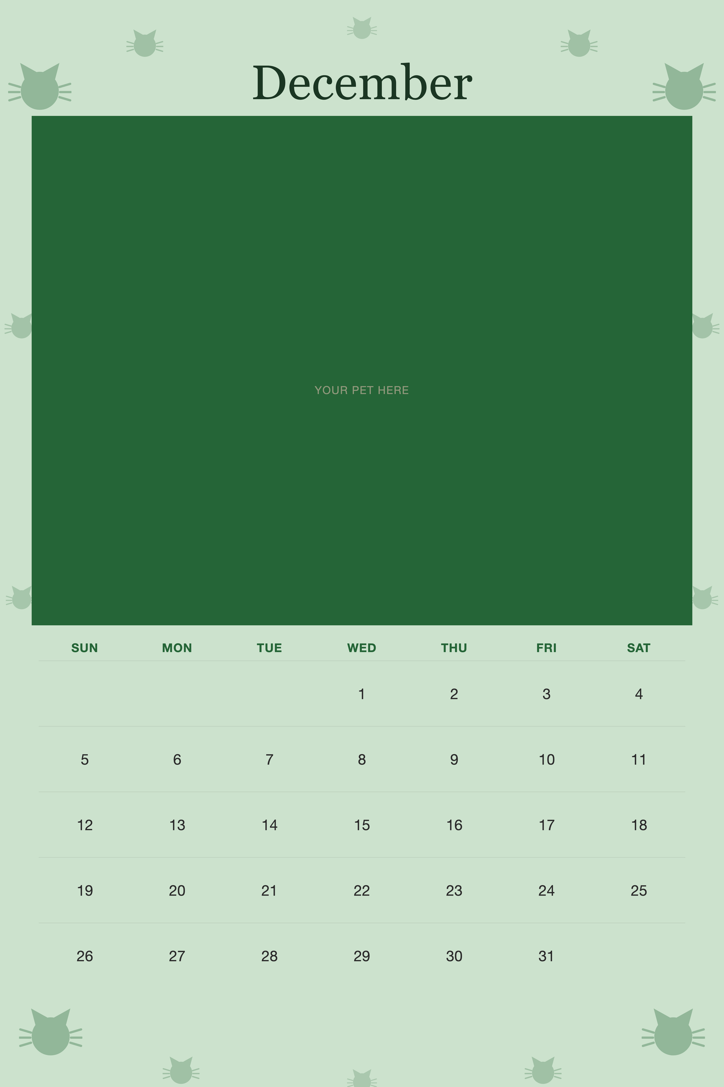 December page of the Personalized Cat Photo Wall Calendar 2027, with a photo area above the date grid