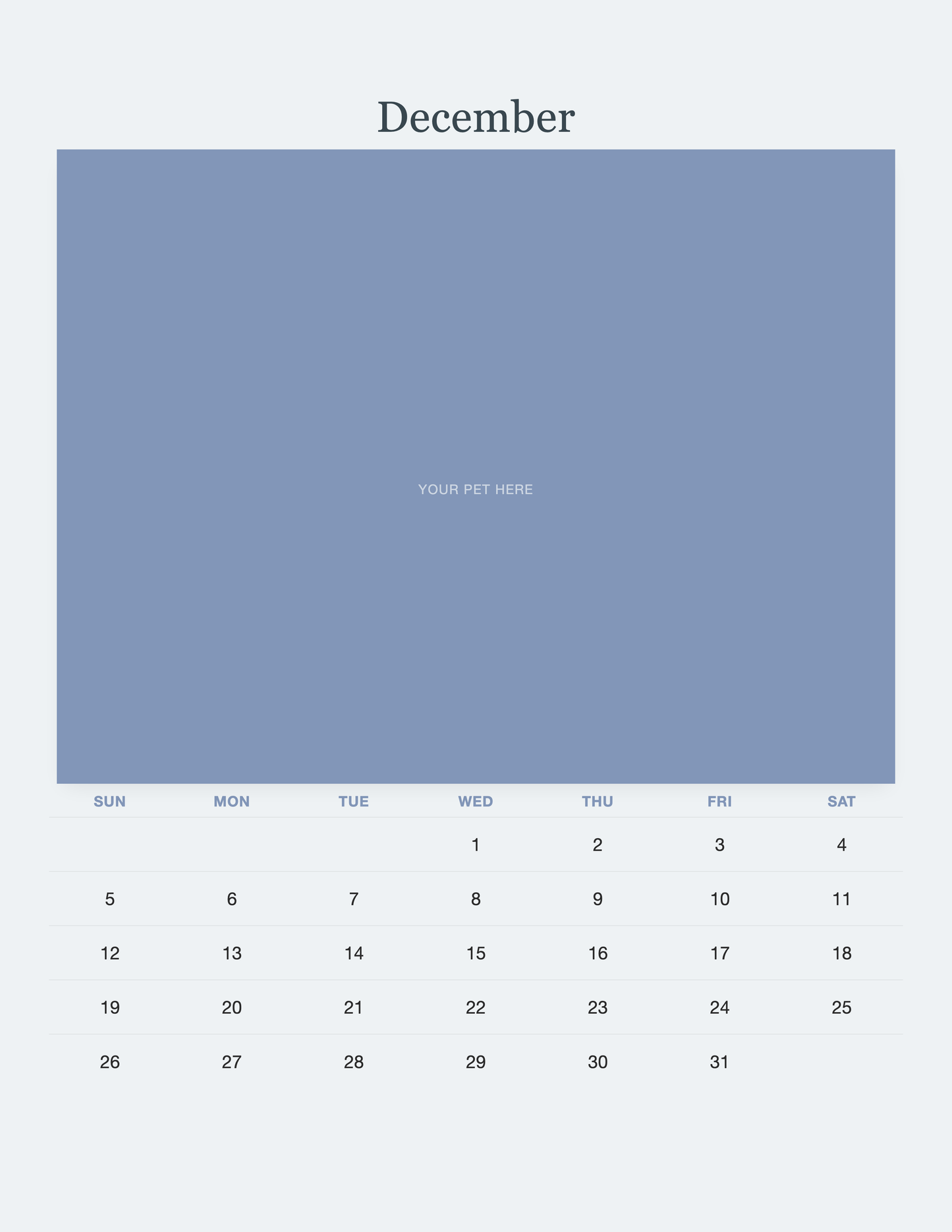 December page of the Pet Memorial Calendar 2027 — In Loving Memory, with a photo area above the date grid