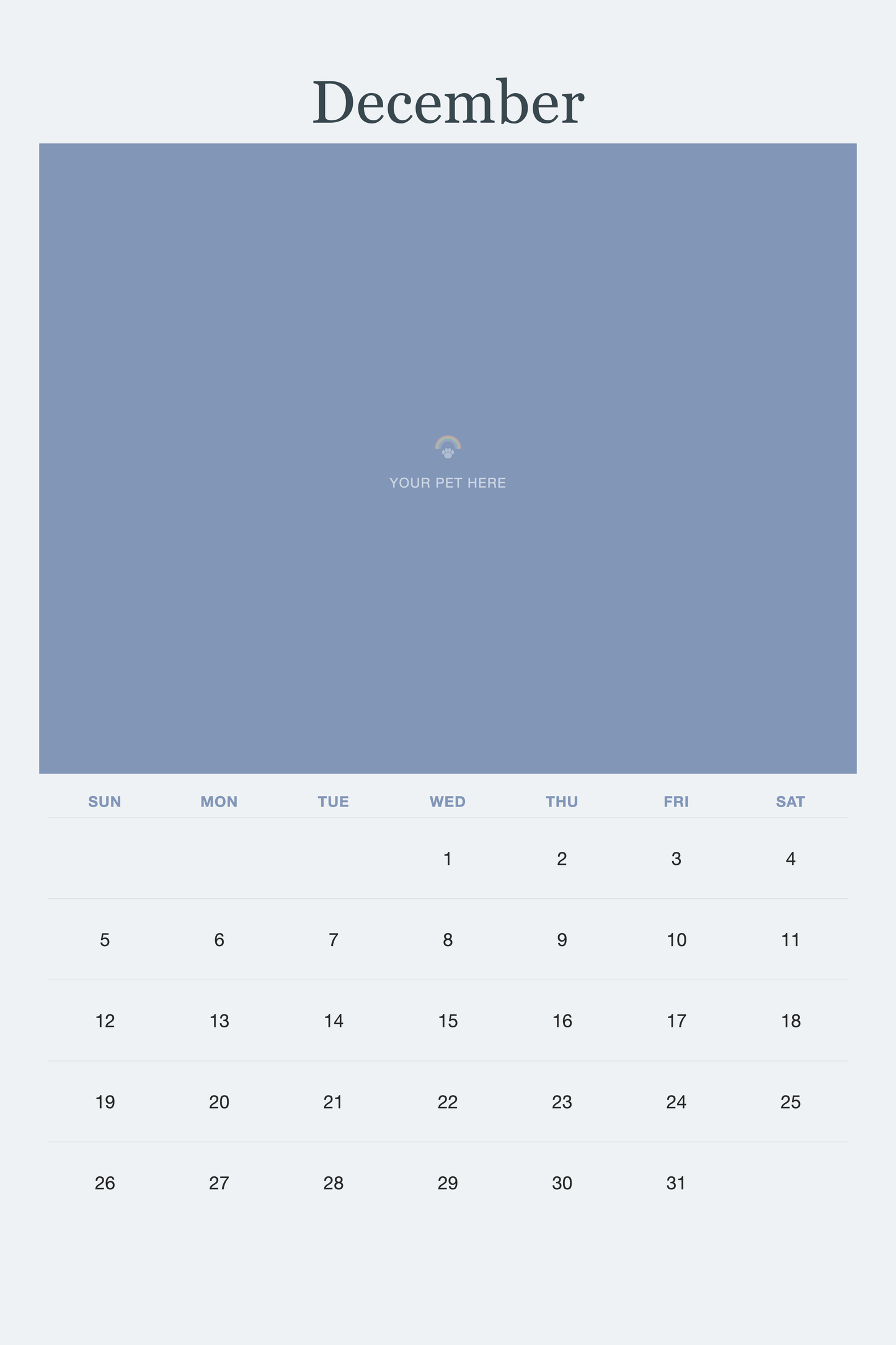 December page of the Pet Memorial Calendar 2027 — In Loving Memory, with a photo area above the date grid