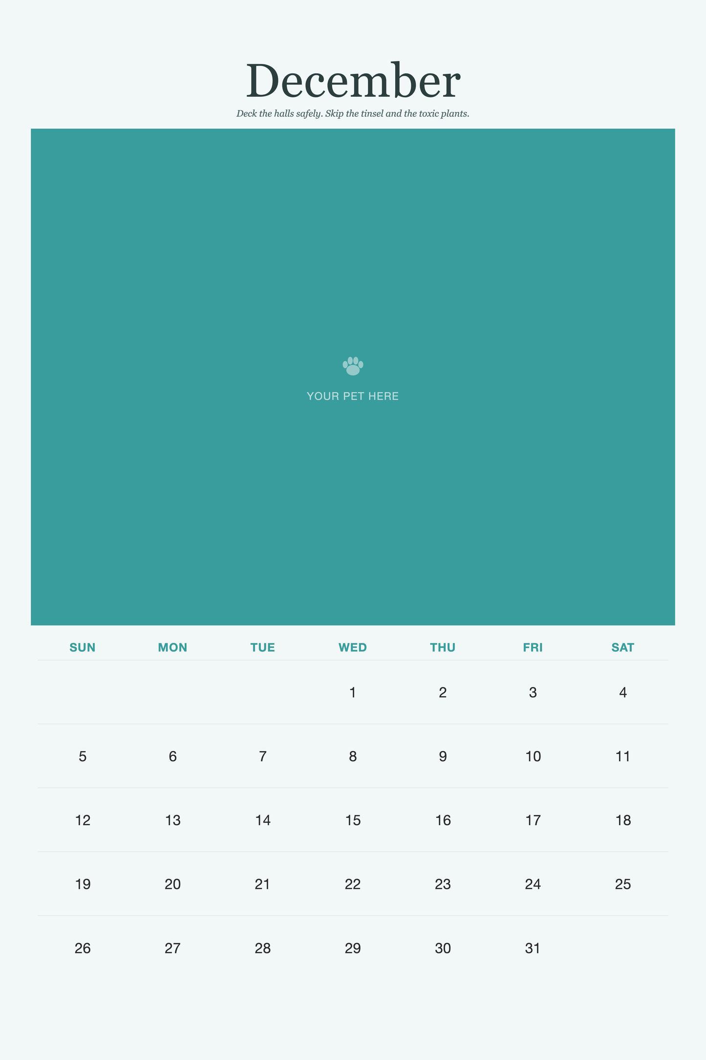 December page of the Pet Care & Keepsake Calendar 2027 — Loved & Looked After, with a photo area above the date grid