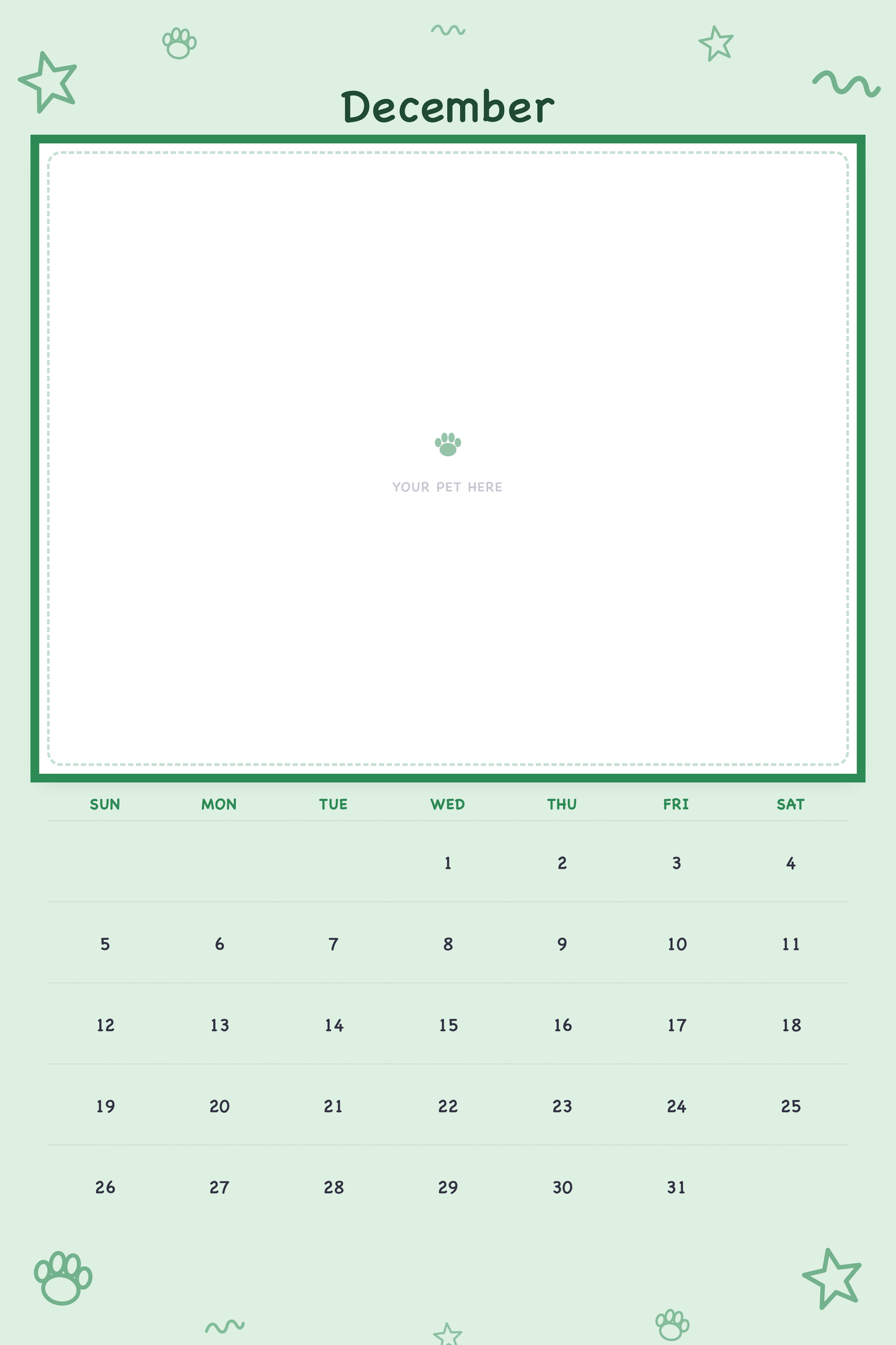 December page of the Personalized Pet Photo Calendar 2027 — XL Playful Doodle, with a photo area above the date grid
