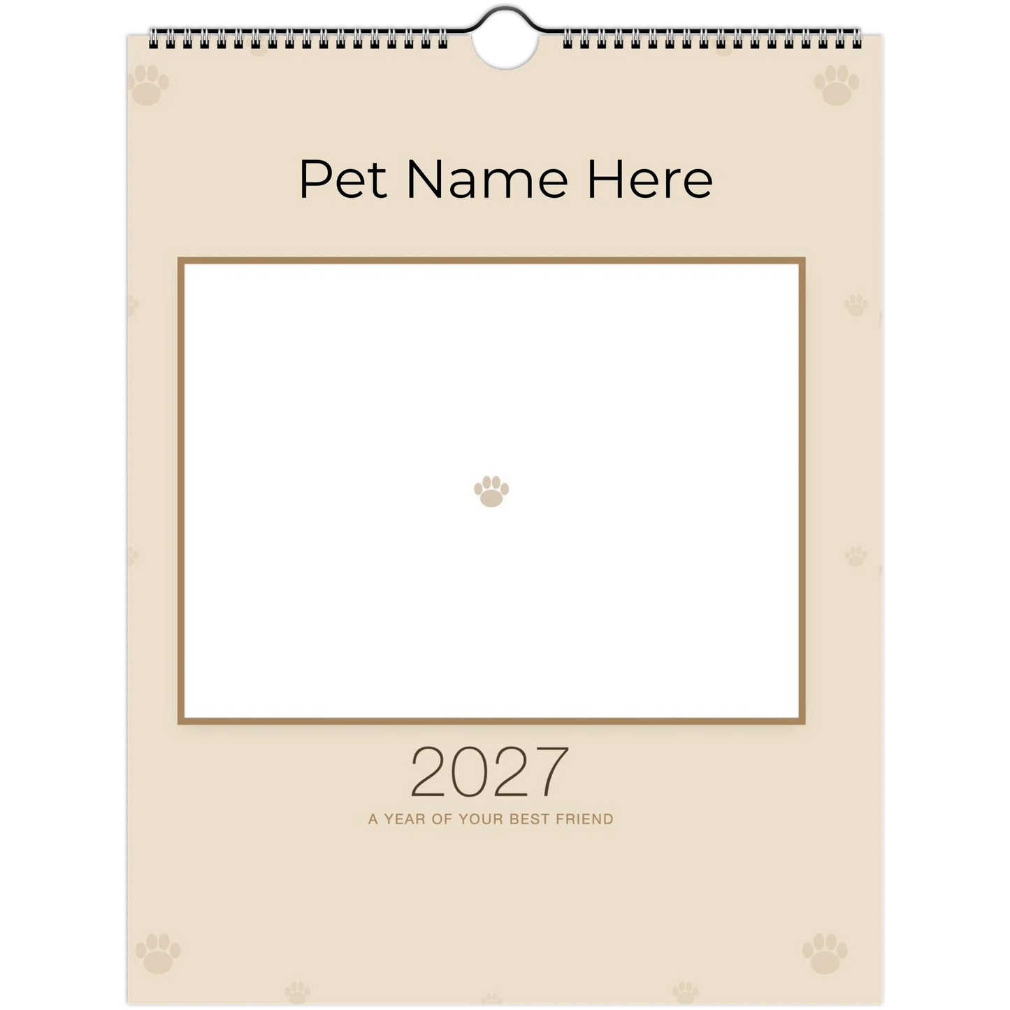 Personalized Pet Photo Calendar 2027 — Minimalist Linen shown with a sample pet photo on the cover