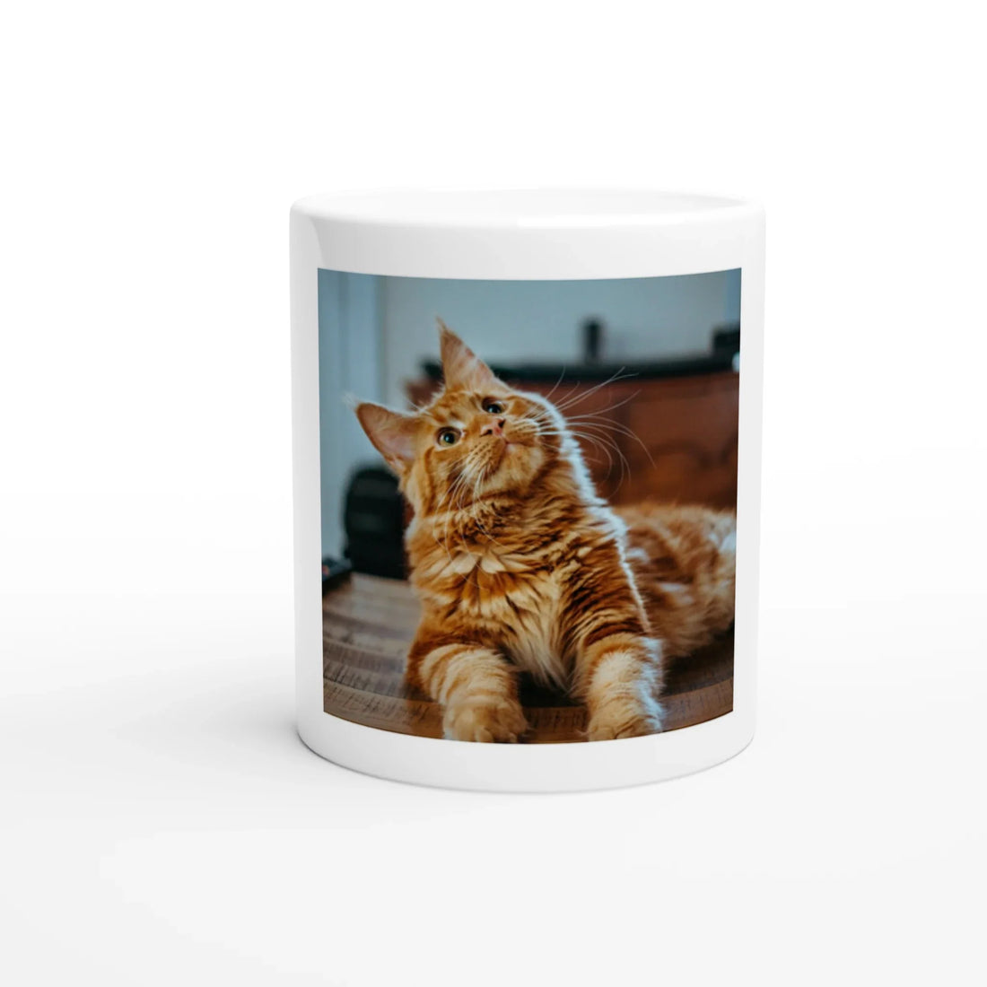 Custom cat mug printed with a cat's photo, held in both hands beside a morning coffee