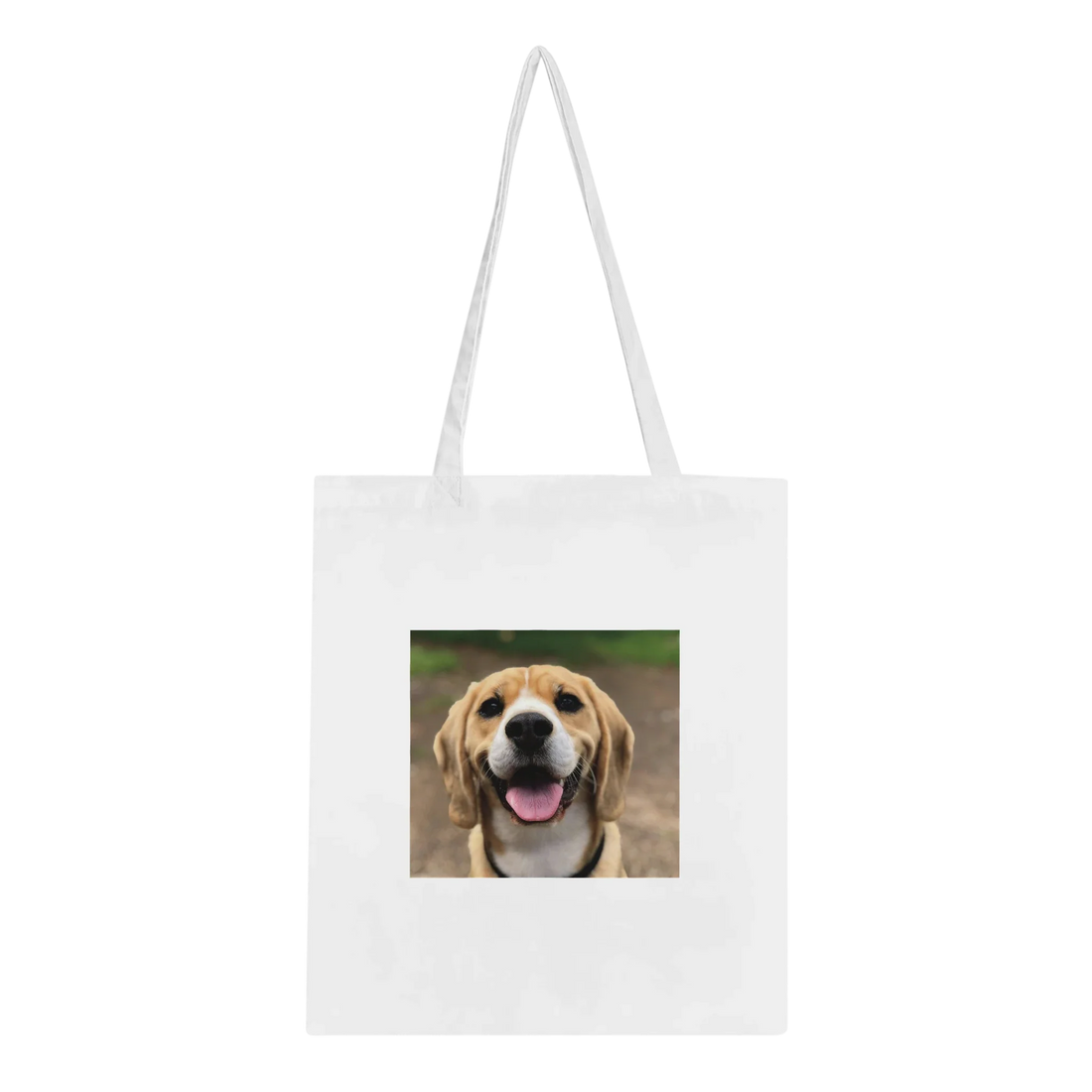 Custom pet tote bag printed with a dog's photo, held on a shoulder