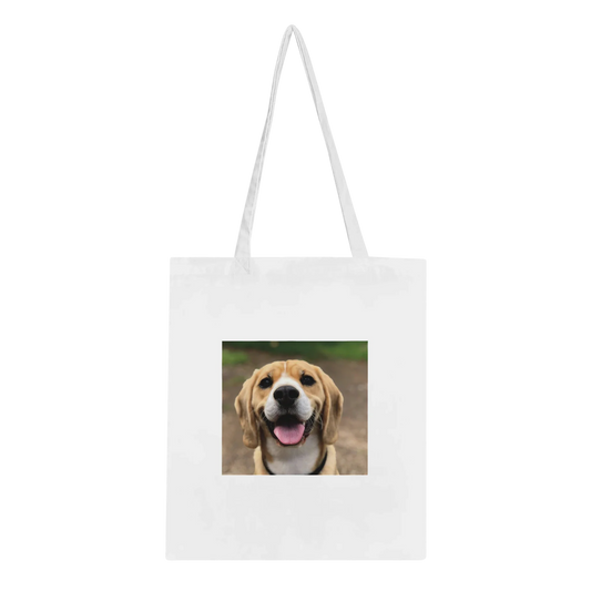 Custom pet tote bag printed with a dog's photo, held on a shoulder