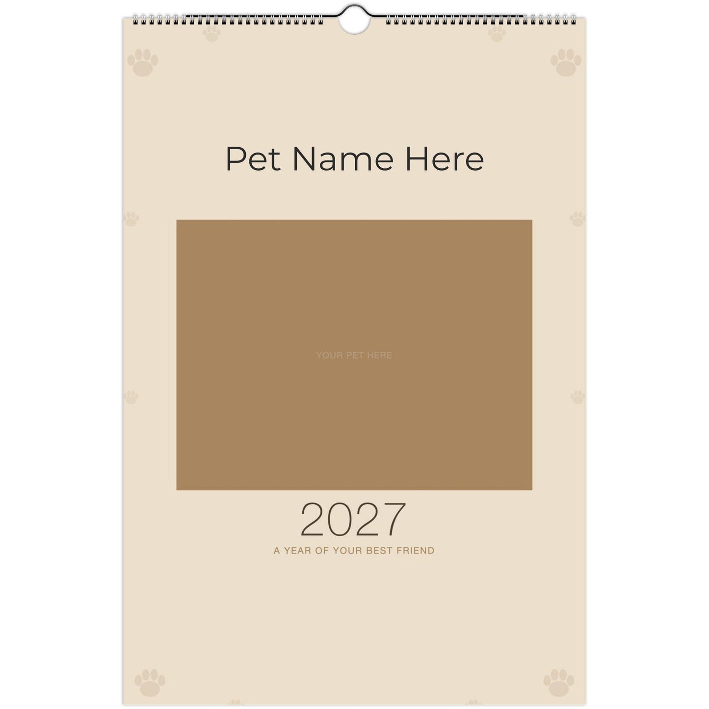 Personalized Pet Photo Calendar 2027 — XL Minimalist Linen shown wire-bound with 2027 printed on the cover