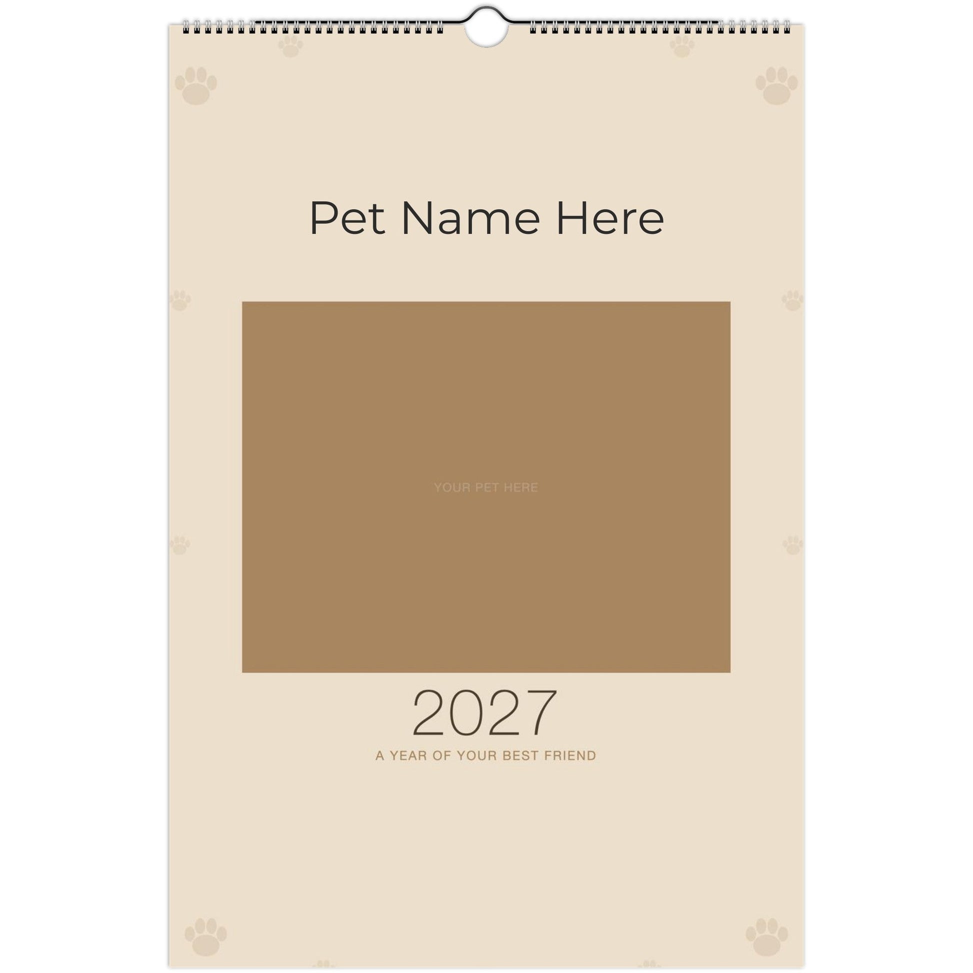Personalized Pet Photo Calendar 2027 — XL Minimalist Linen shown wire-bound with 2027 printed on the cover