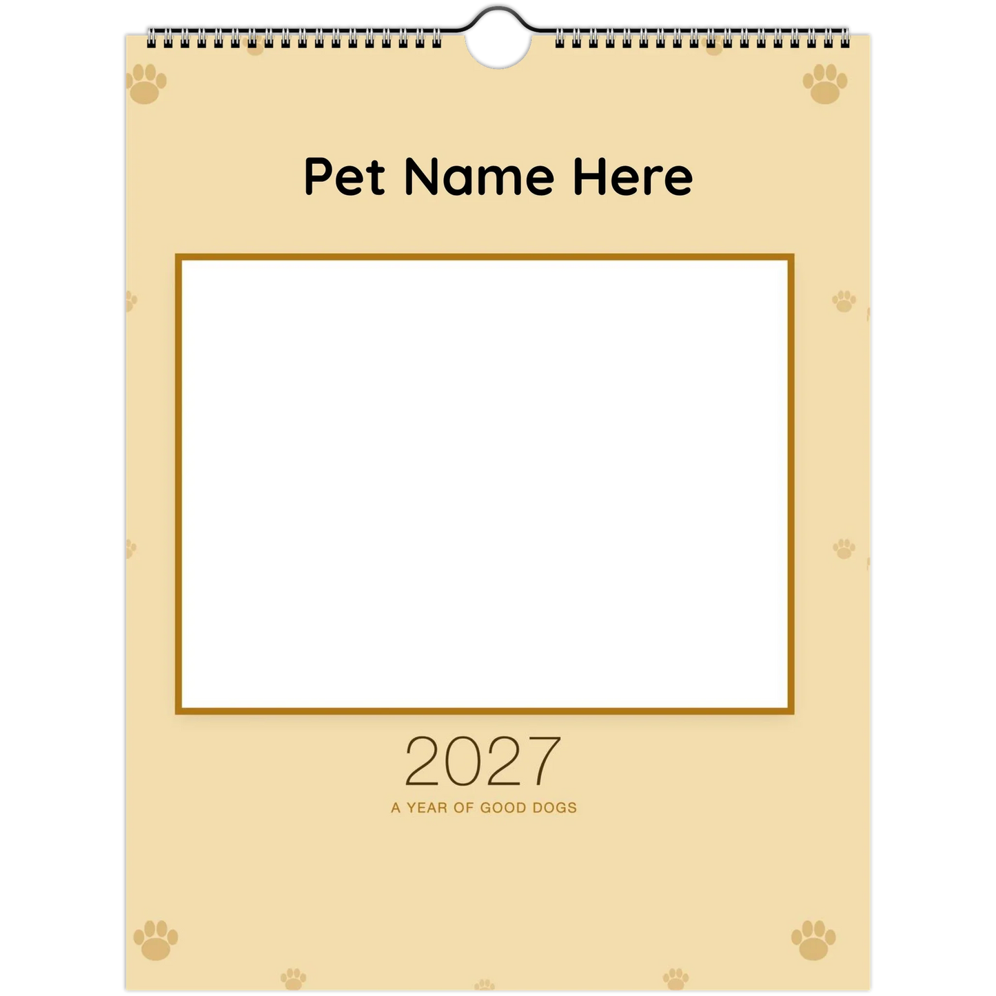 Personalized Dog Photo Wall Calendar 2027 shown wire-bound with 2027 printed on the cover
