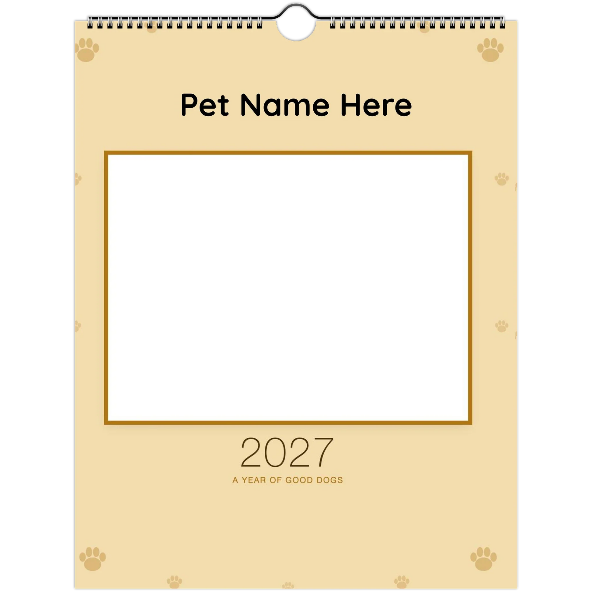 Personalized Dog Photo Wall Calendar 2027 shown wire-bound with 2027 printed on the cover