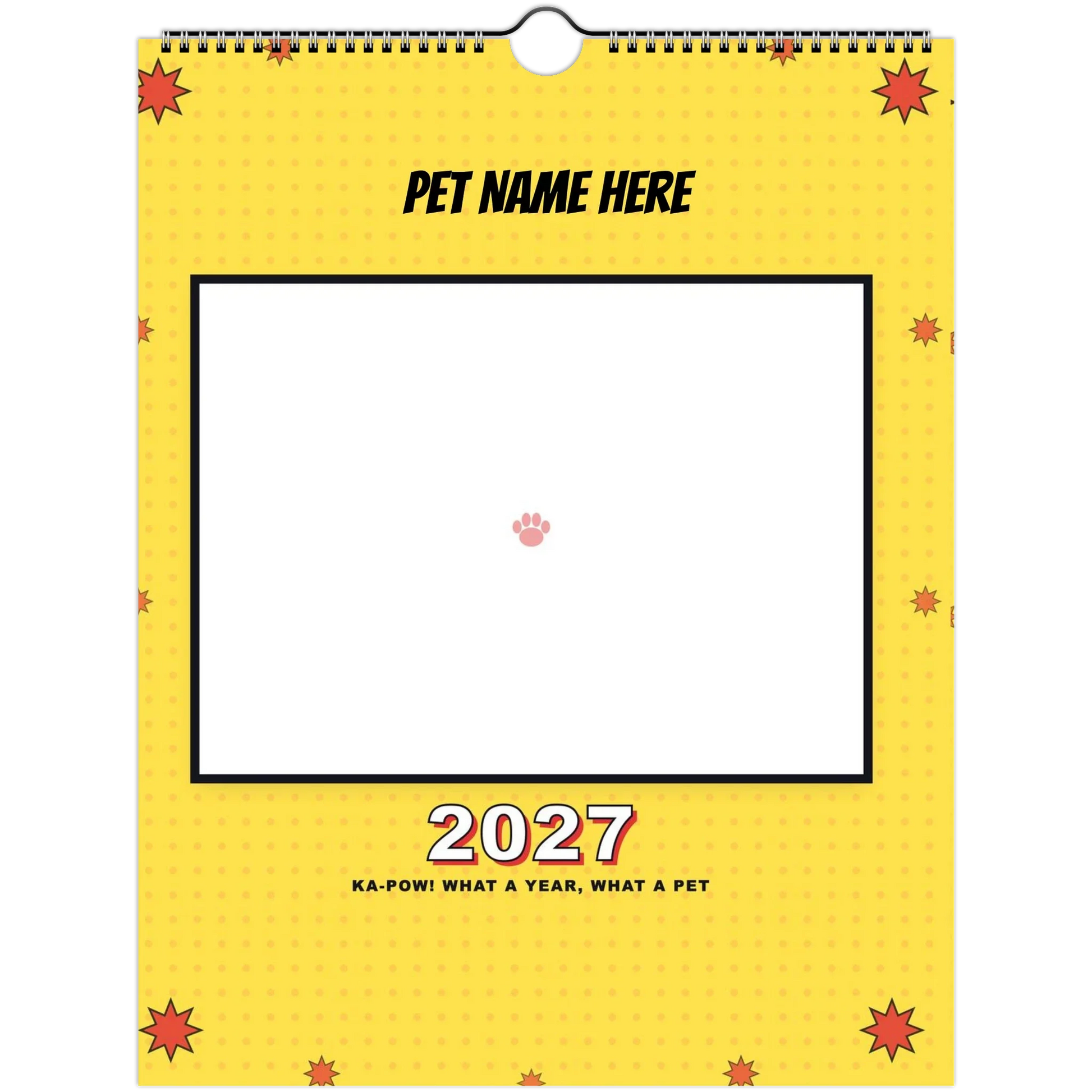 Personalized Pet Photo Calendar 2027 — Pop Art shown wire-bound with 2027 printed on the cover
