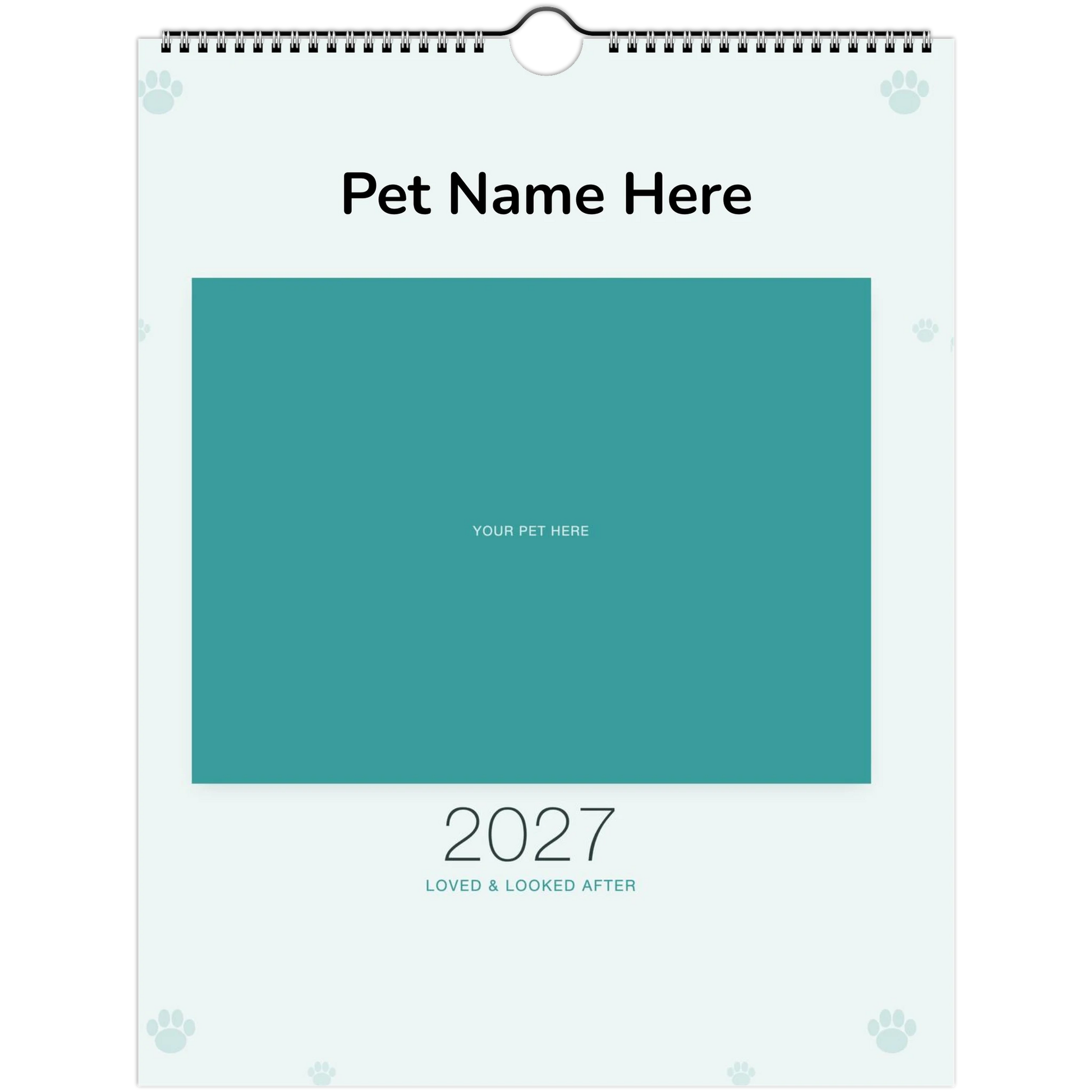 Pet Care & Keepsake Calendar 2027 — Loved & Looked After shown with a sample pet photo on the cover