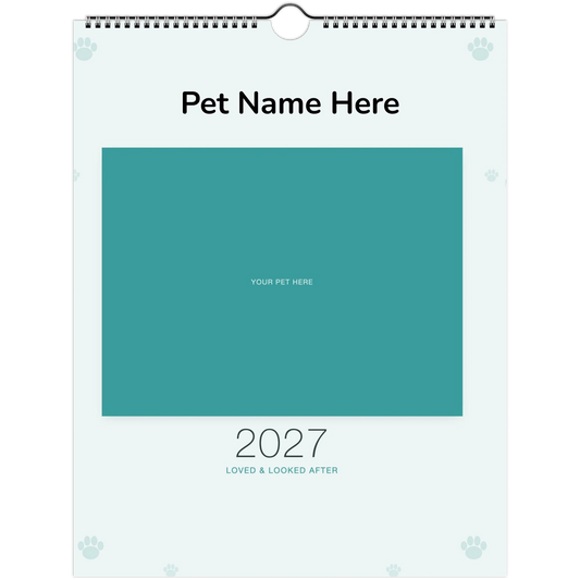 Pet Care & Keepsake Calendar 2027 — Loved & Looked After shown with a sample pet photo on the cover
