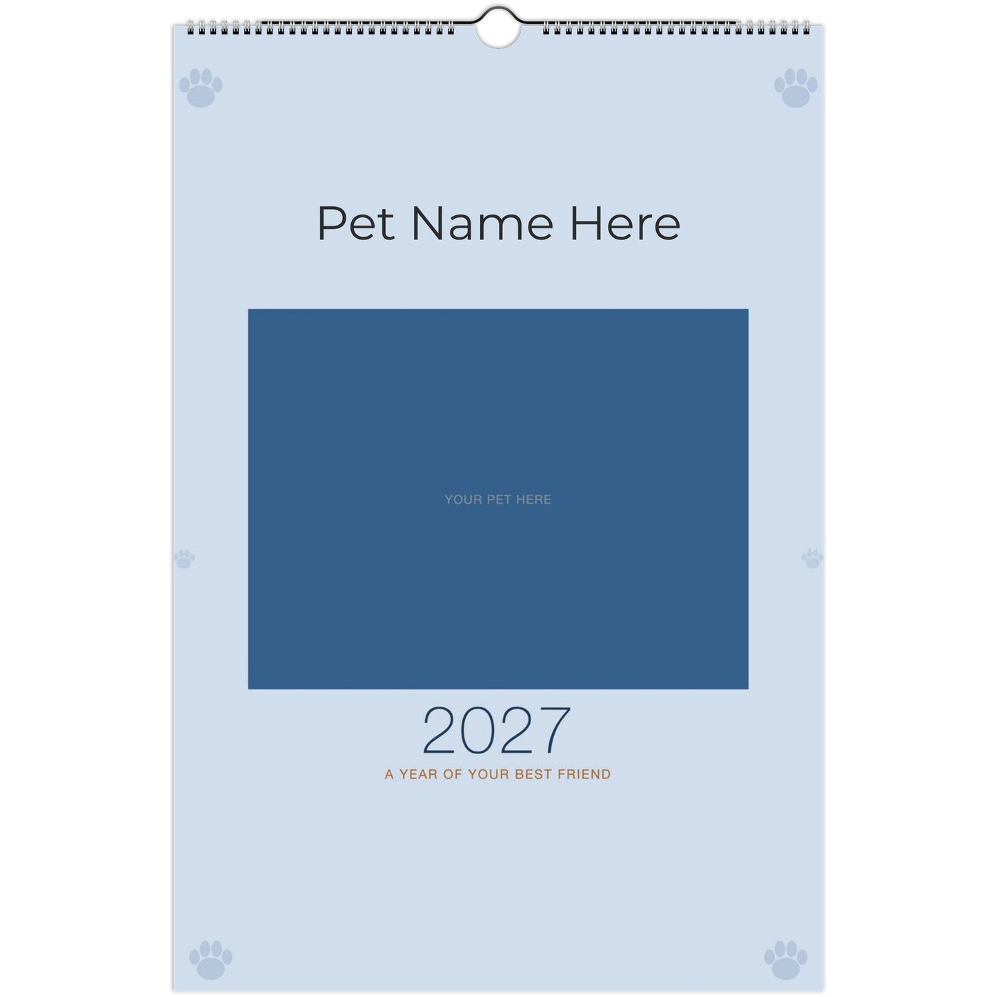 Personalized Pet Photo Calendar 2027 — XL Minimalist Blue shown wire-bound with 2027 printed on the cover