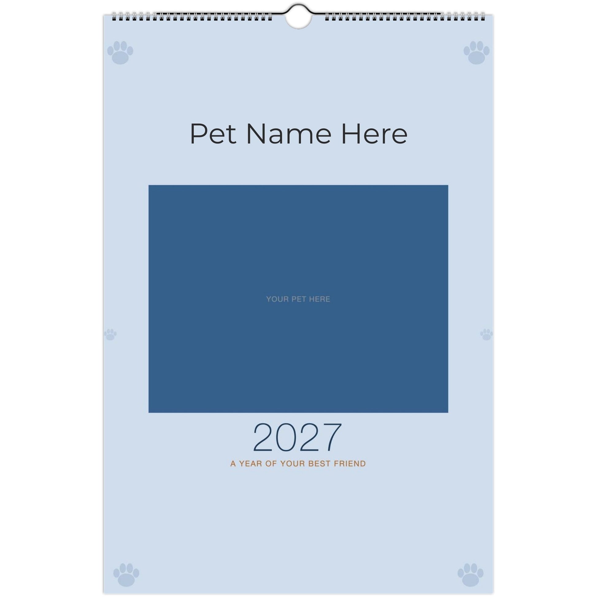 Personalized Pet Photo Calendar 2027 — XL Minimalist Blue shown wire-bound with 2027 printed on the cover