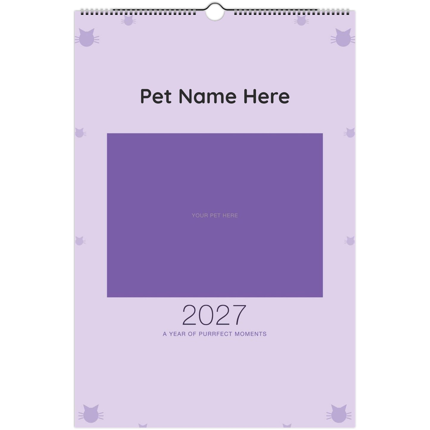 Personalized Cat Photo Wall Calendar 2027 shown wire-bound with 2027 printed on the cover