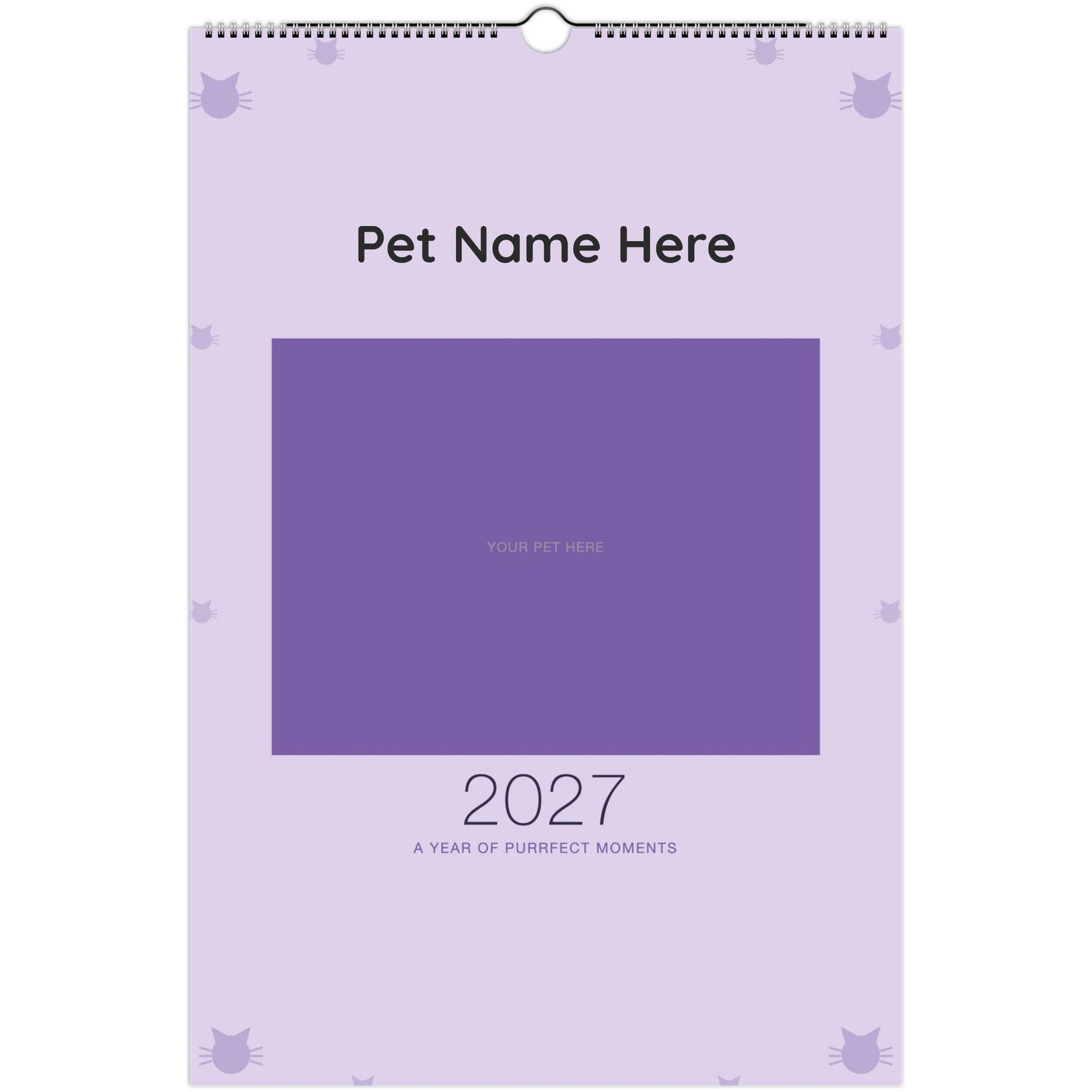 Personalized Cat Photo Wall Calendar 2027 shown wire-bound with 2027 printed on the cover