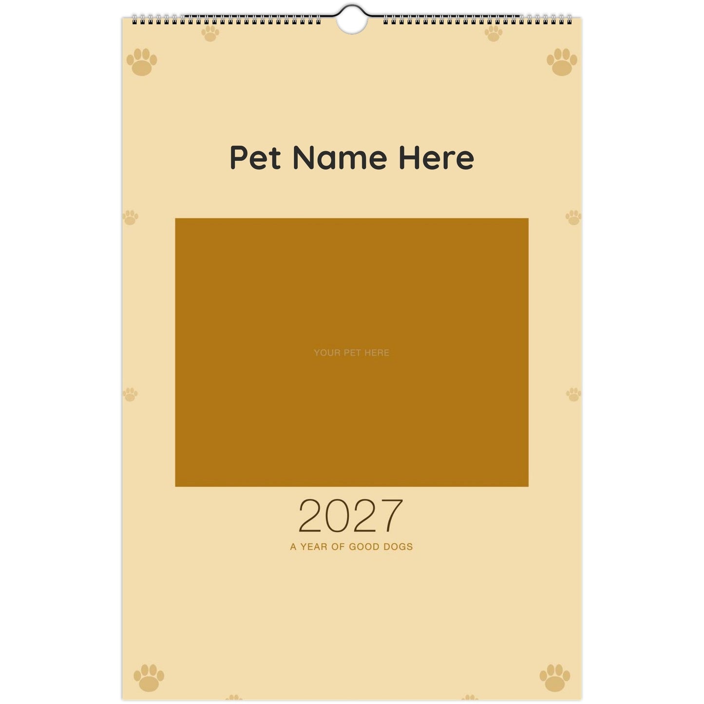 Personalized Dog Photo Wall Calendar 2027 shown wire-bound with 2027 printed on the cover