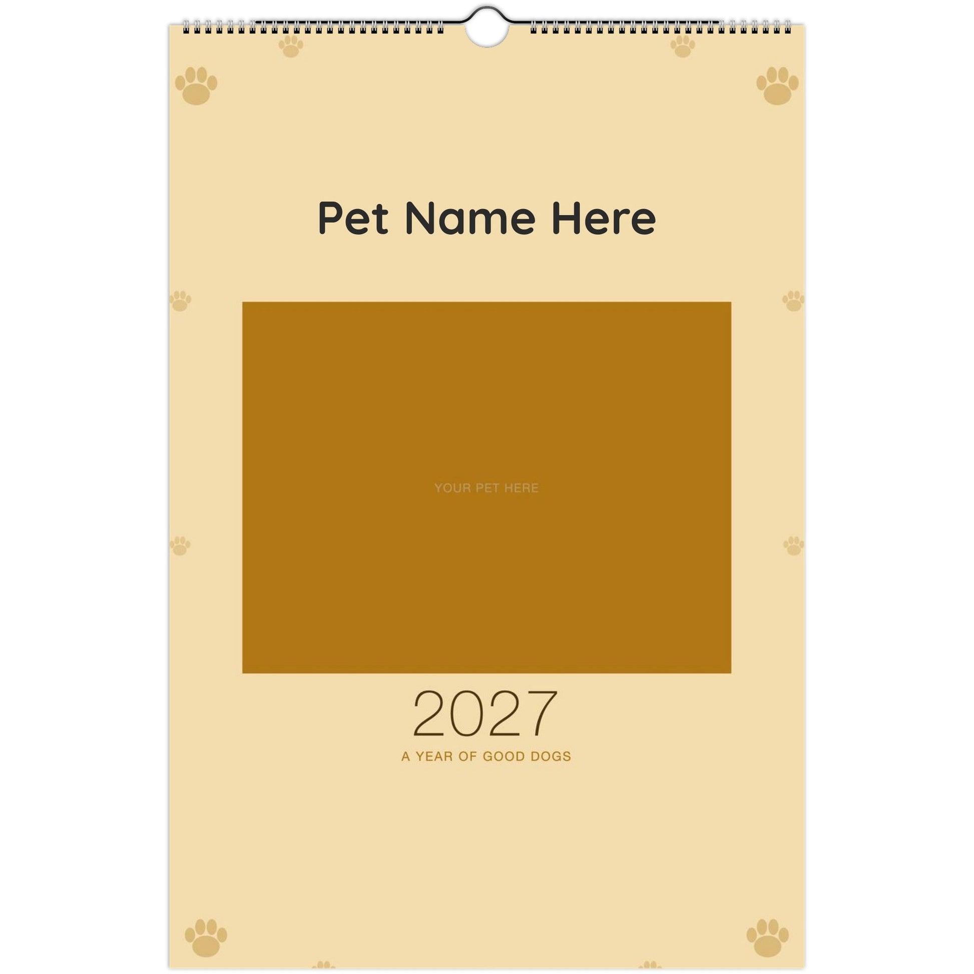 Personalized Dog Photo Wall Calendar 2027 shown wire-bound with 2027 printed on the cover