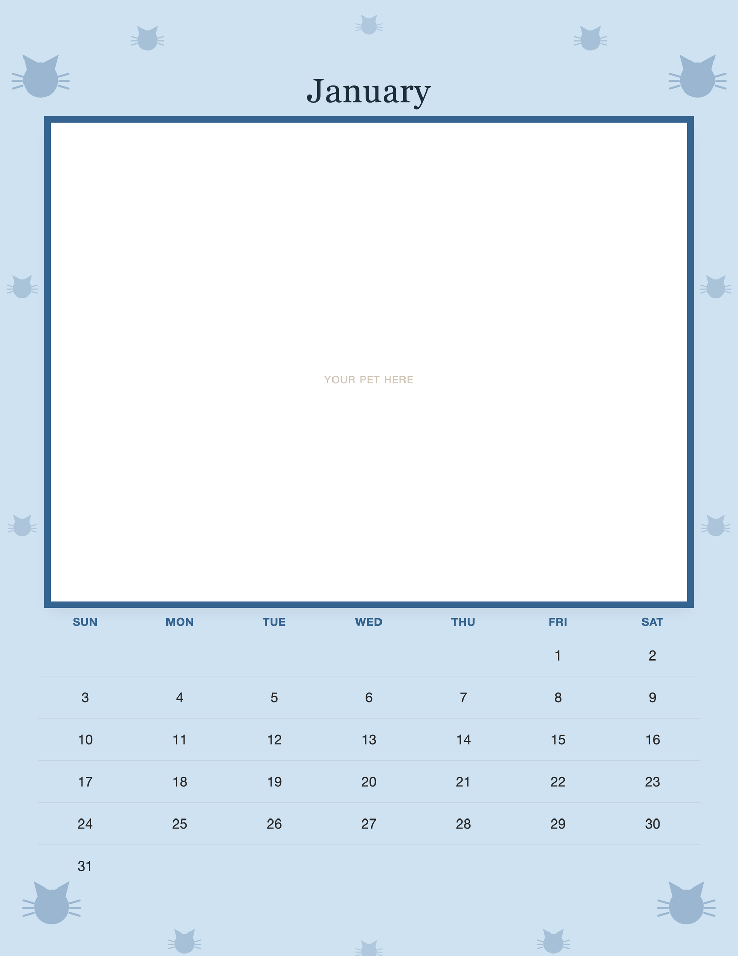 January page of the Personalized Cat Photo Wall Calendar 2027, with a photo area above the date grid