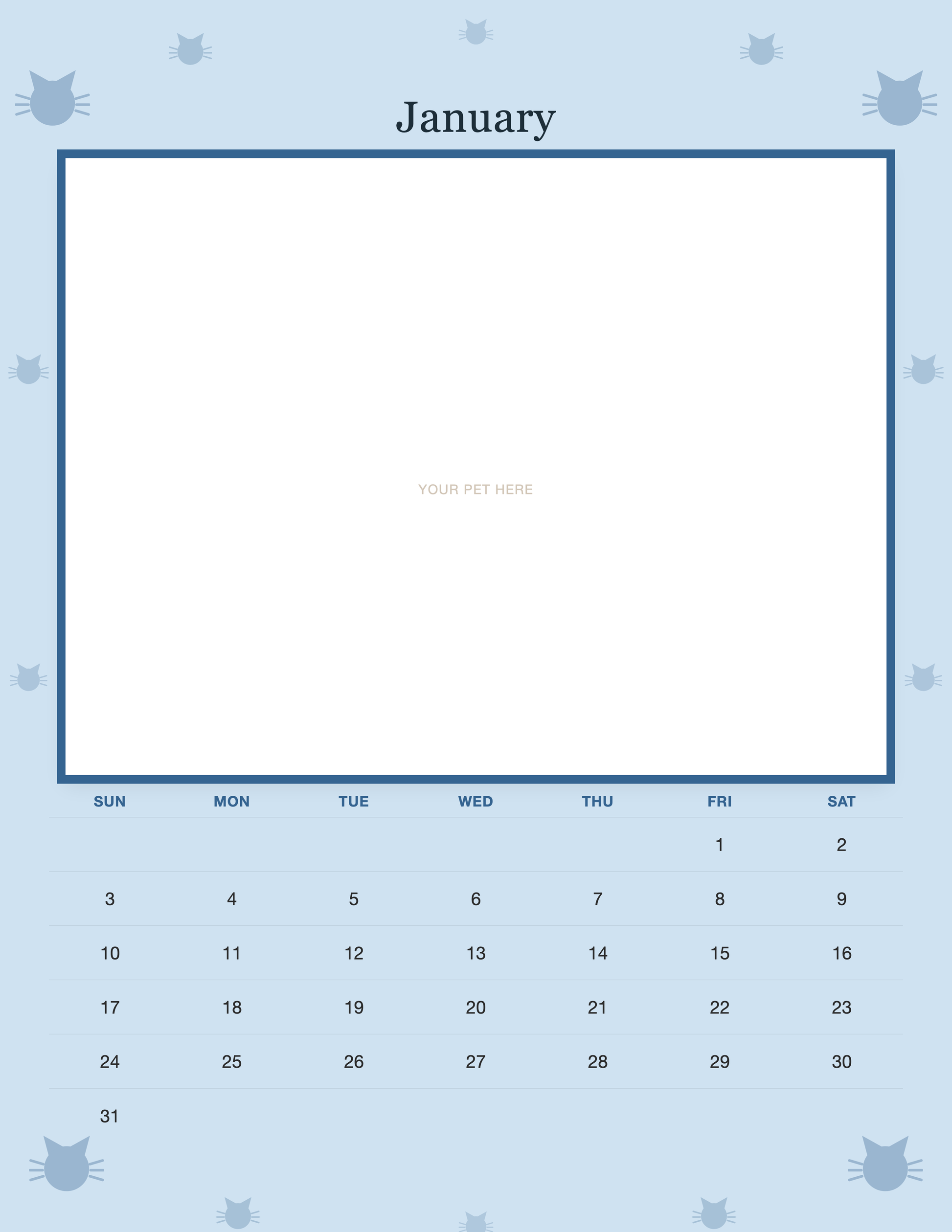 January page of the Personalized Cat Photo Wall Calendar 2027, with a photo area above the date grid