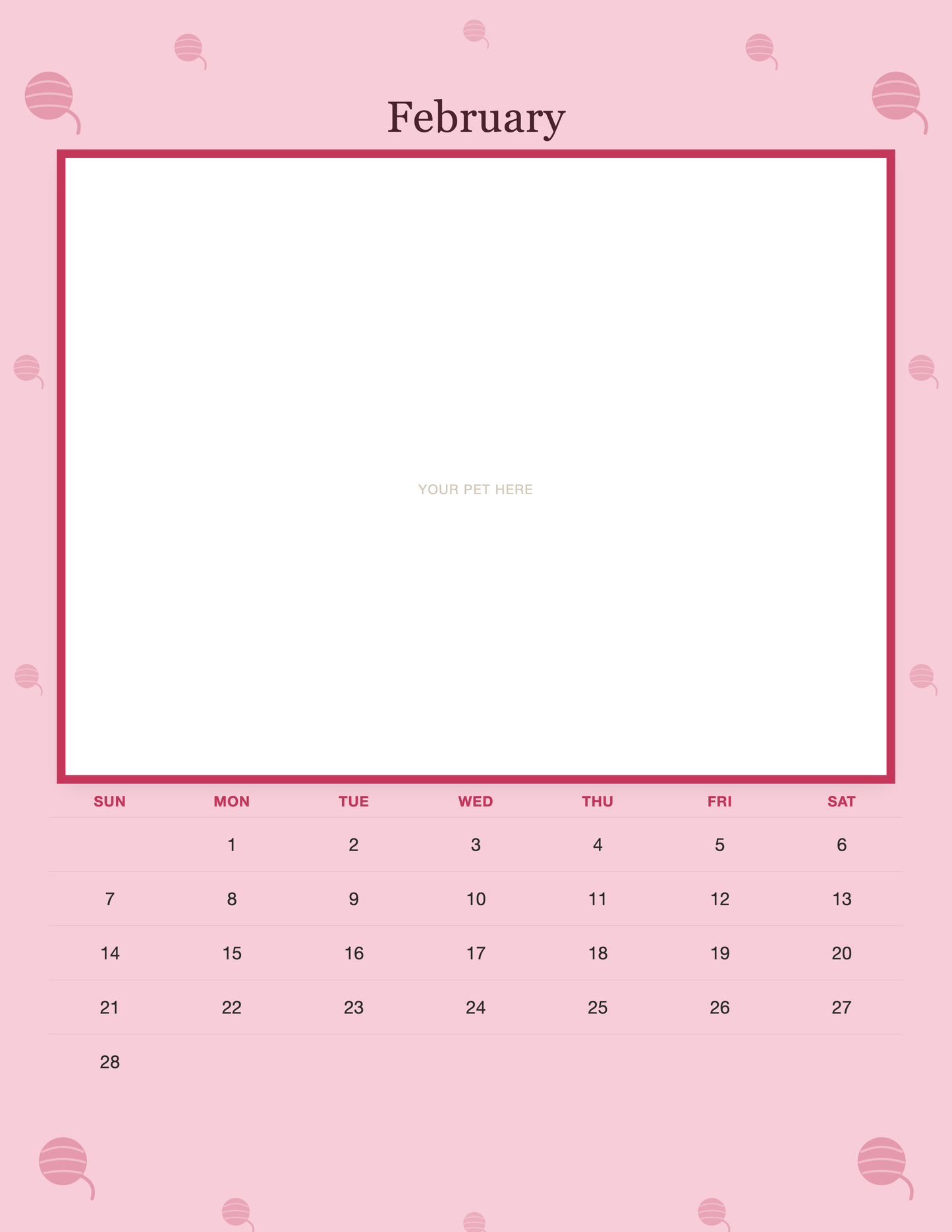 February page of the Personalized Cat Photo Wall Calendar 2027, with a photo area above the date grid