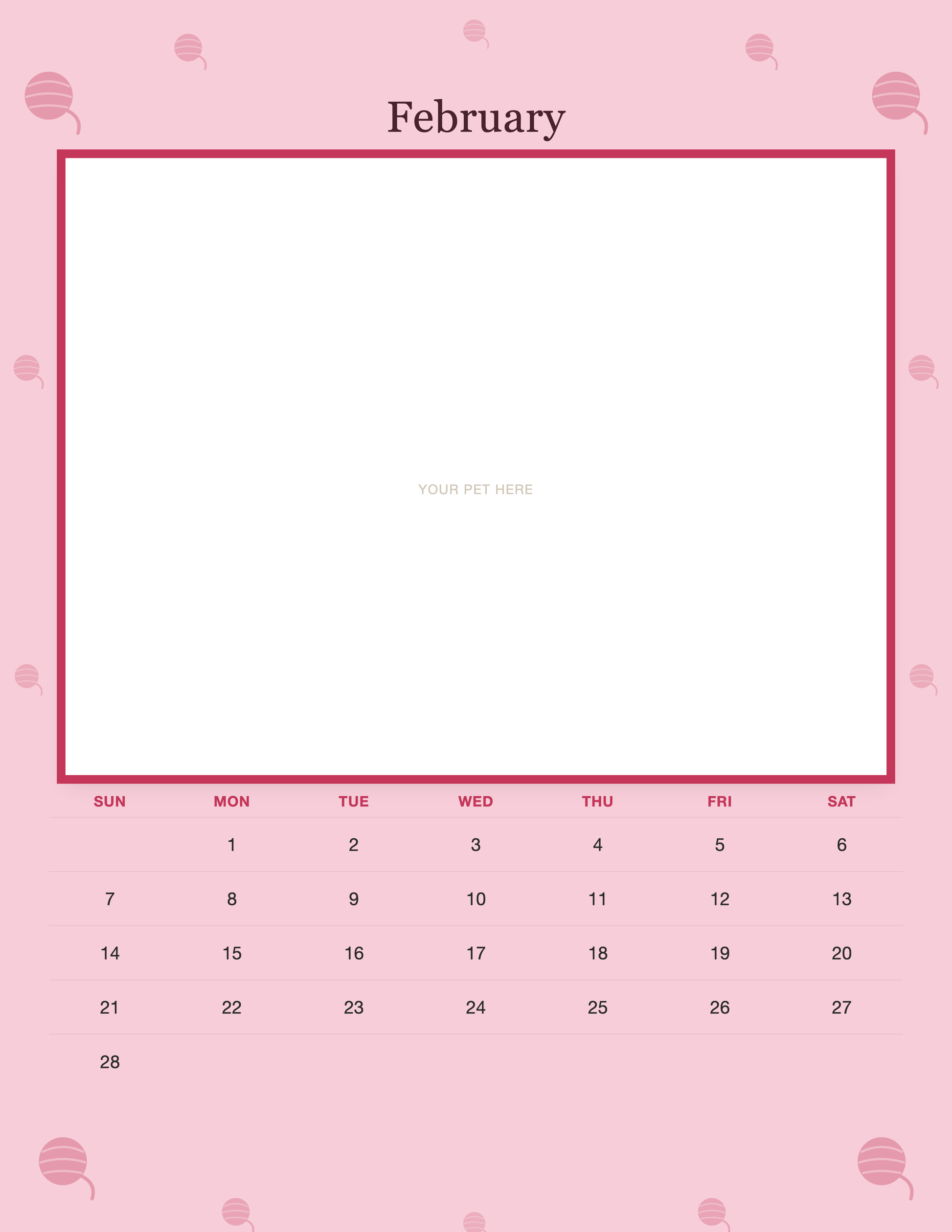 February page of the Personalized Cat Photo Wall Calendar 2027, with a photo area above the date grid