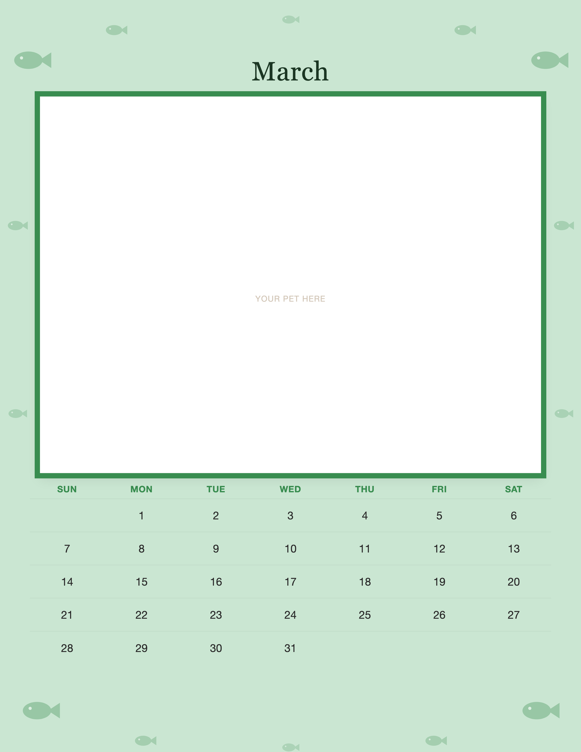 March page of the Personalized Cat Photo Wall Calendar 2027, with a photo area above the date grid