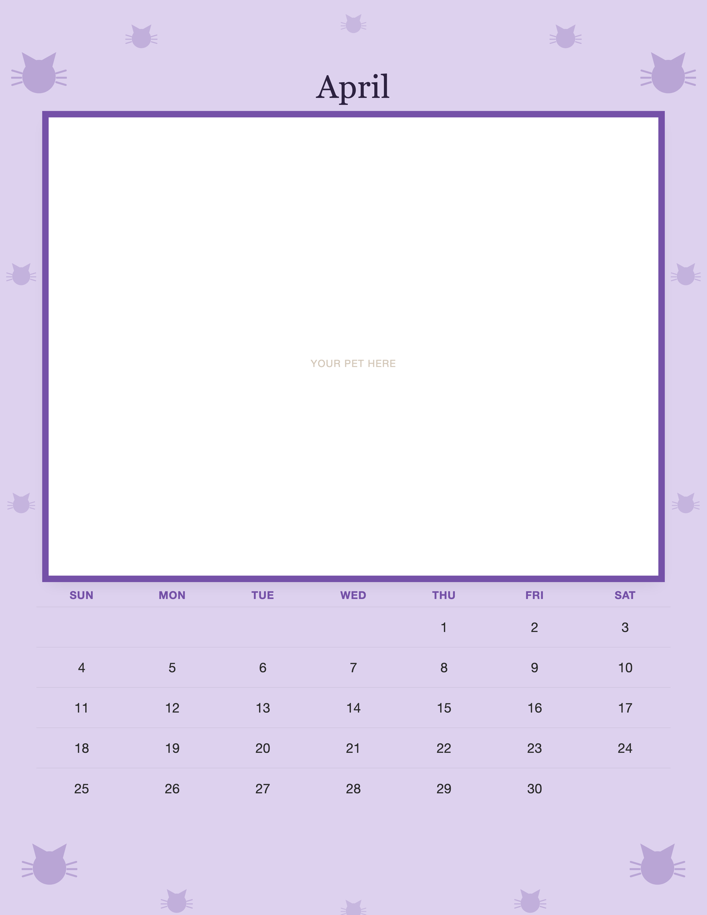 April page of the Personalized Cat Photo Wall Calendar 2027, with a photo area above the date grid