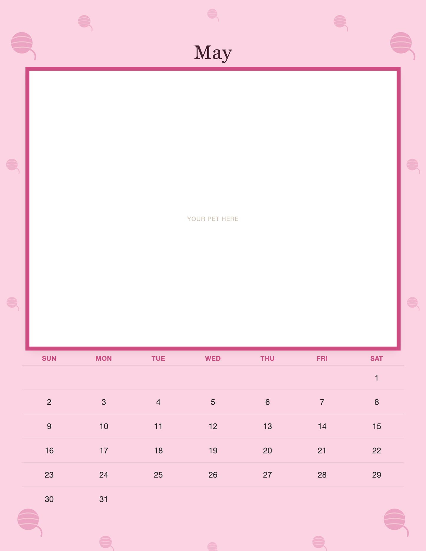 May page of the Personalized Cat Photo Wall Calendar 2027, with a photo area above the date grid