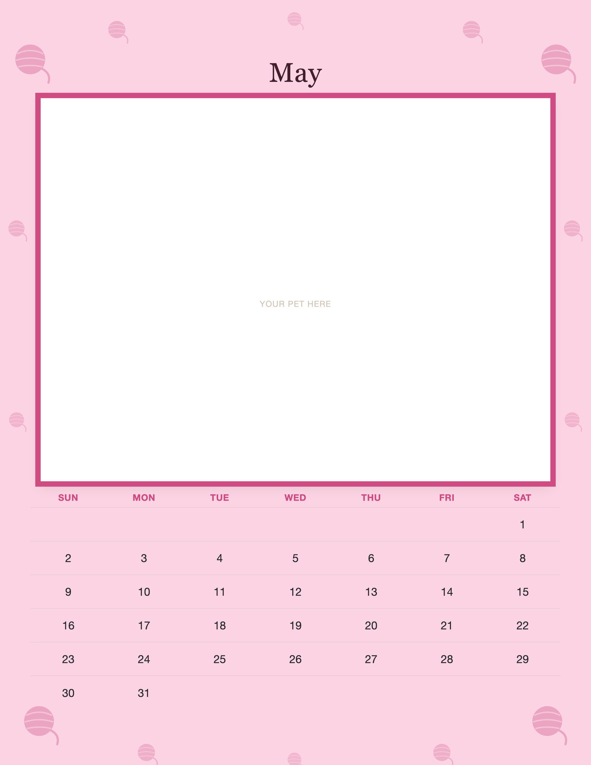 May page of the Personalized Cat Photo Wall Calendar 2027, with a photo area above the date grid