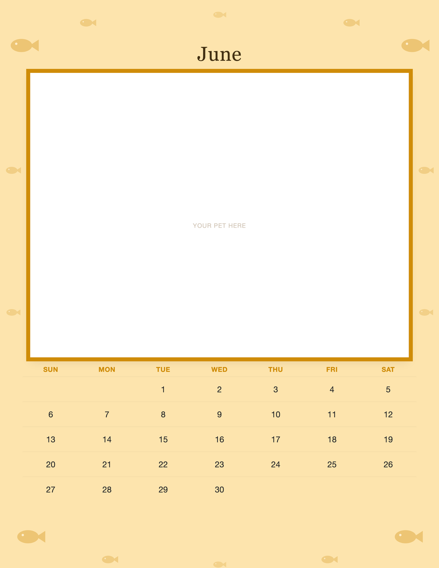 June page of the Personalized Cat Photo Wall Calendar 2027, with a photo area above the date grid
