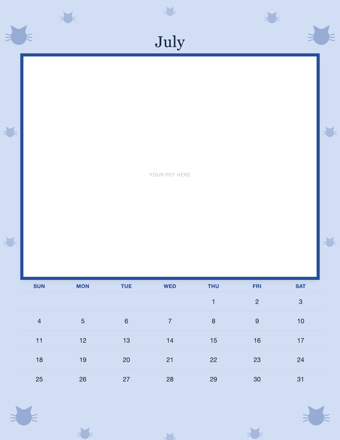 July page of the Personalized Cat Photo Wall Calendar 2027, with a photo area above the date grid