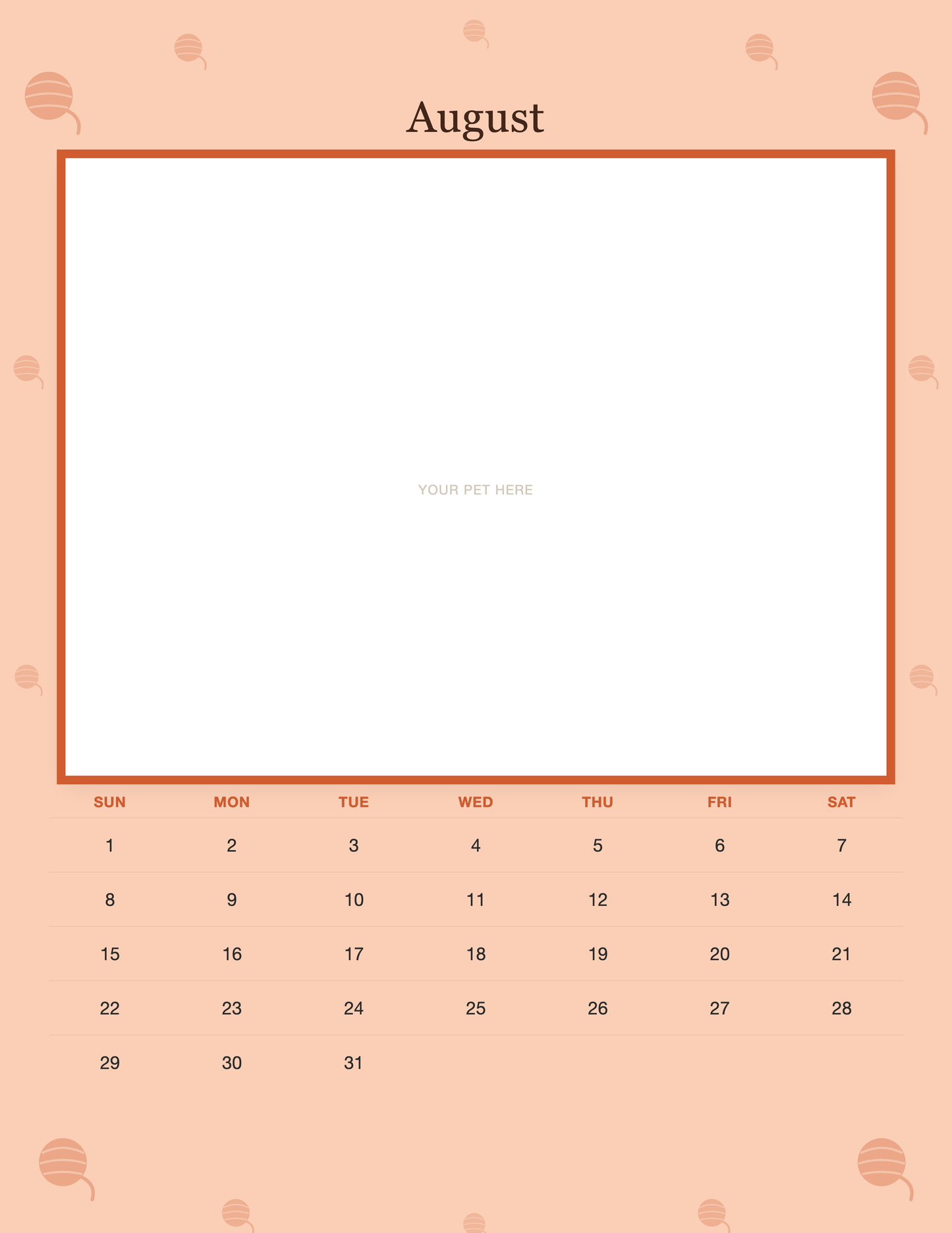 August page of the Personalized Cat Photo Wall Calendar 2027, with a photo area above the date grid