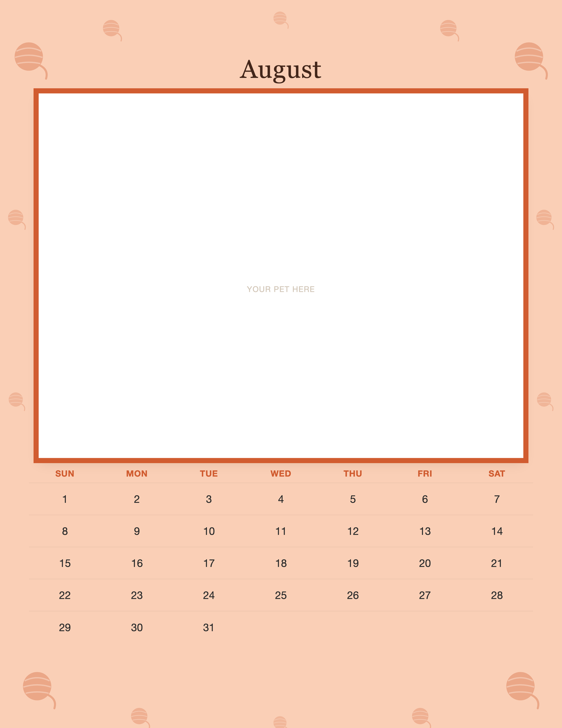 August page of the Personalized Cat Photo Wall Calendar 2027, with a photo area above the date grid