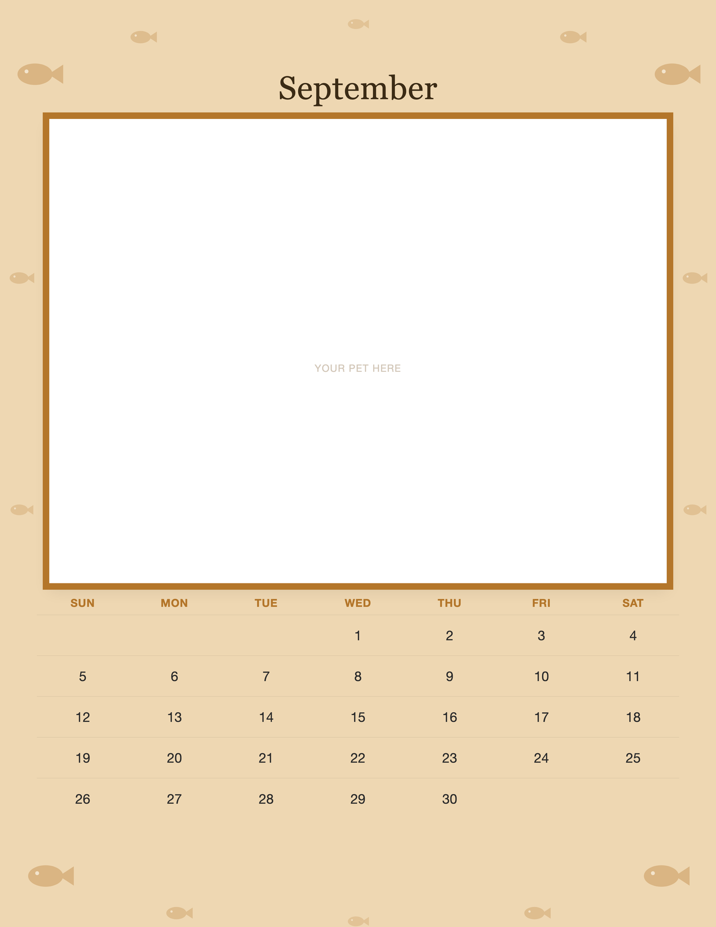 September page of the Personalized Cat Photo Wall Calendar 2027, with a photo area above the date grid
