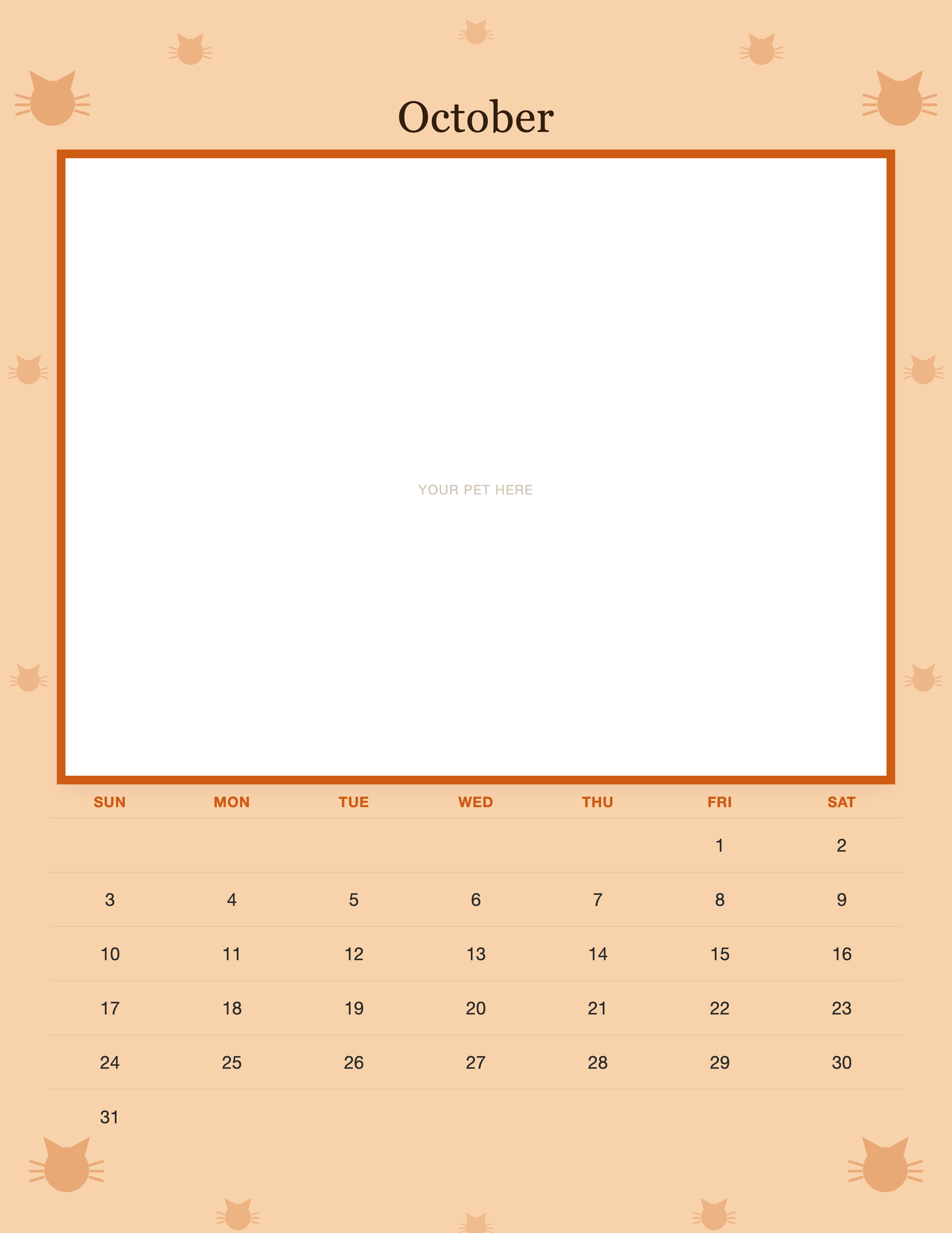 October page of the Personalized Cat Photo Wall Calendar 2027, with a photo area above the date grid
