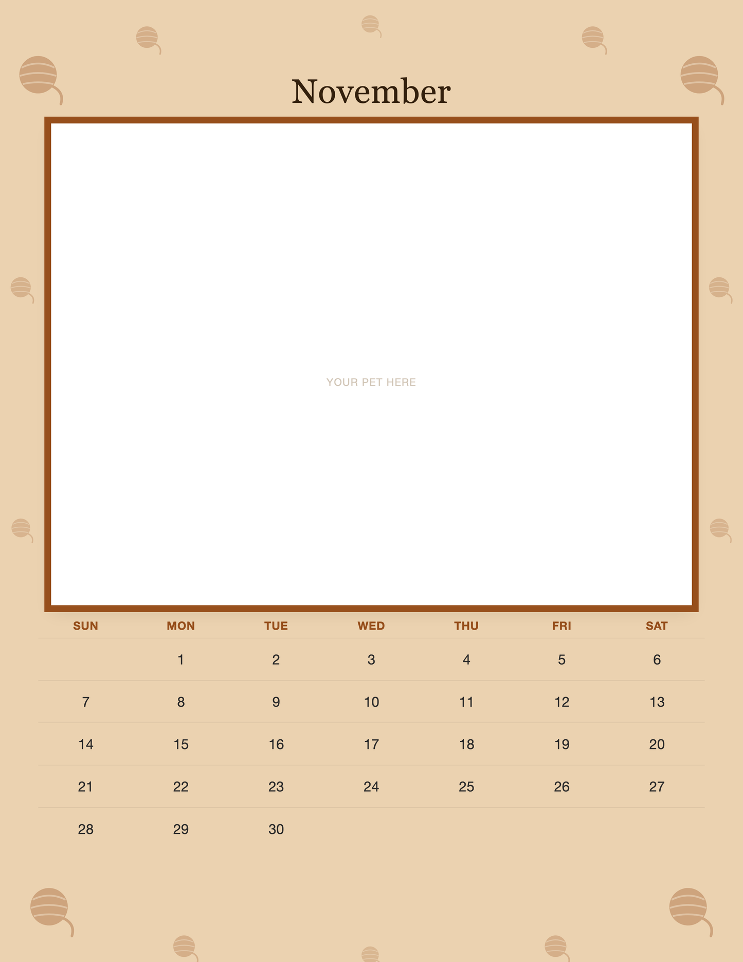 November page of the Personalized Cat Photo Wall Calendar 2027, with a photo area above the date grid
