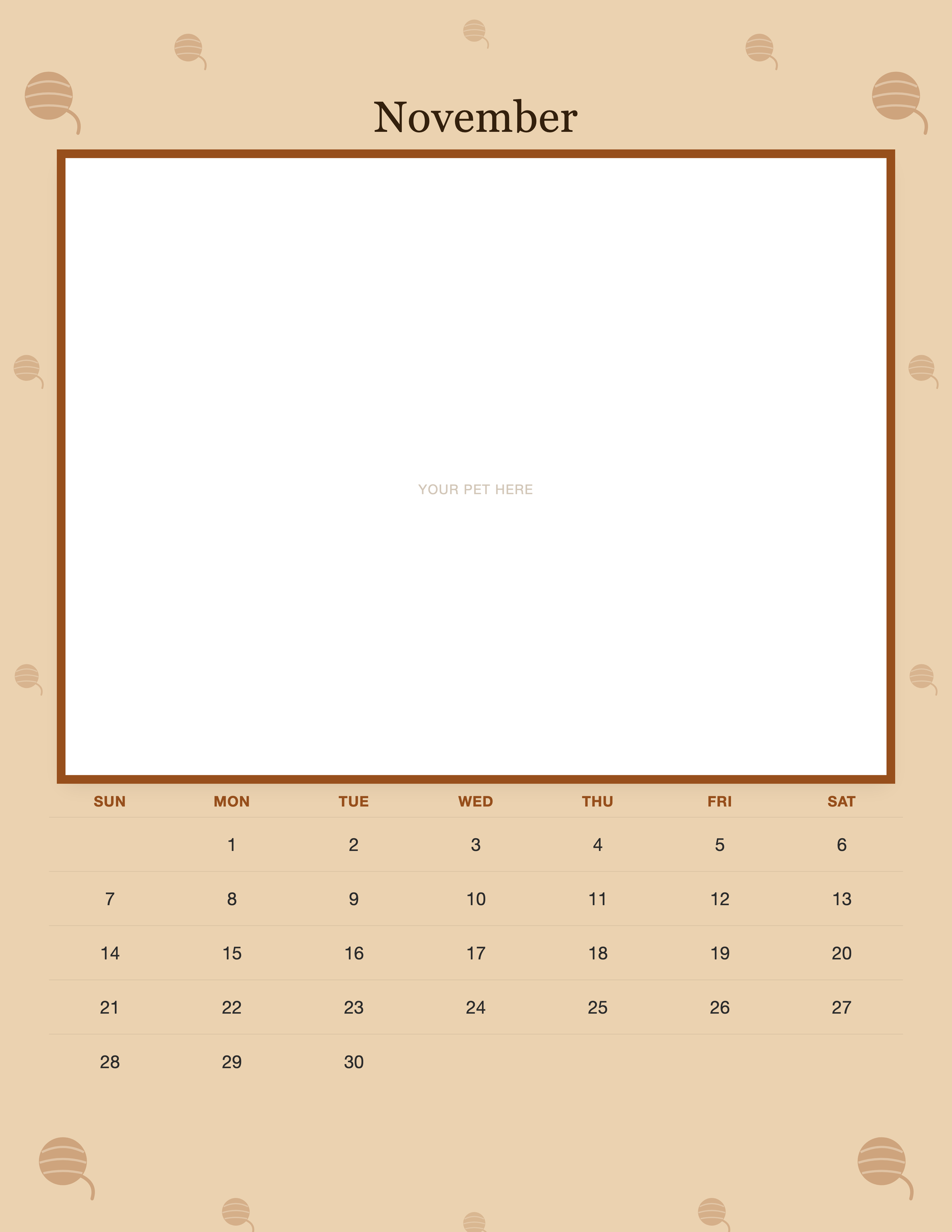 November page of the Personalized Cat Photo Wall Calendar 2027, with a photo area above the date grid