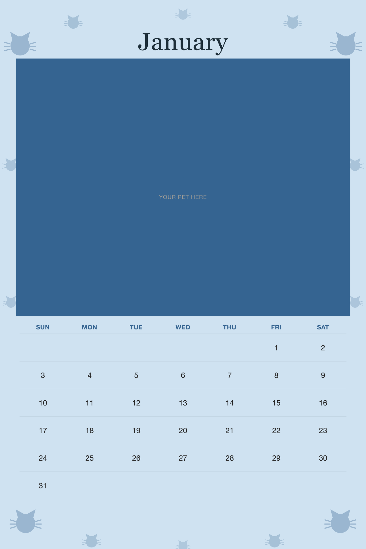 January page of the Personalized Cat Photo Wall Calendar 2027, with a photo area above the date grid