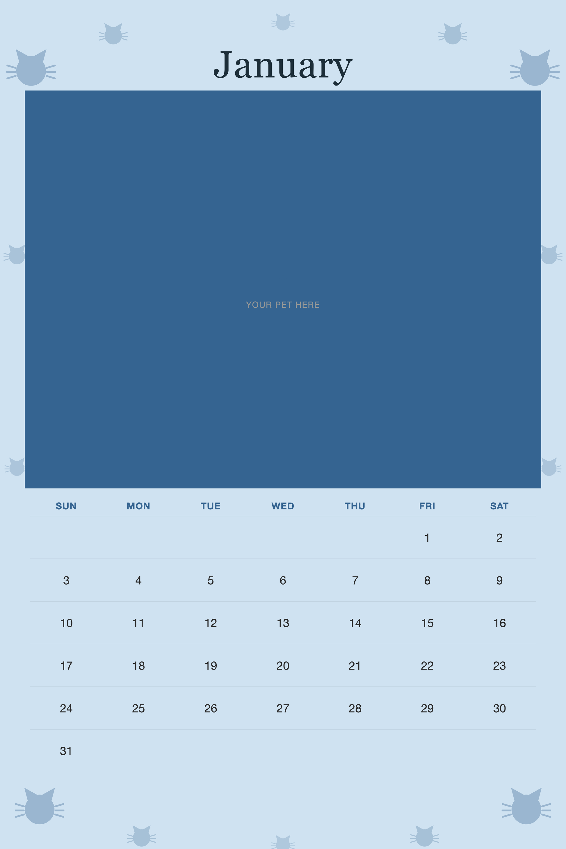 January page of the Personalized Cat Photo Wall Calendar 2027, with a photo area above the date grid