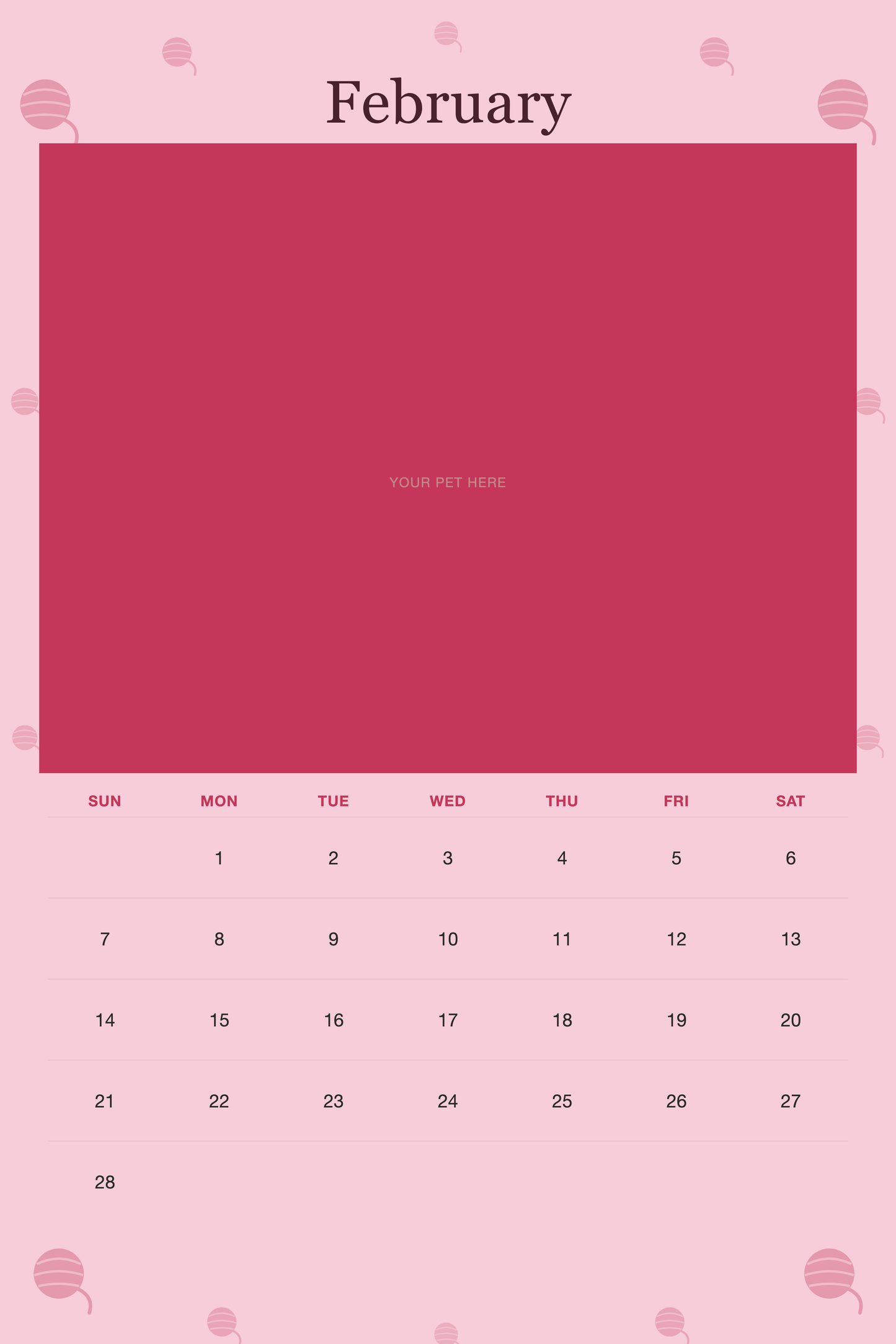 February page of the Personalized Cat Photo Wall Calendar 2027, with a photo area above the date grid
