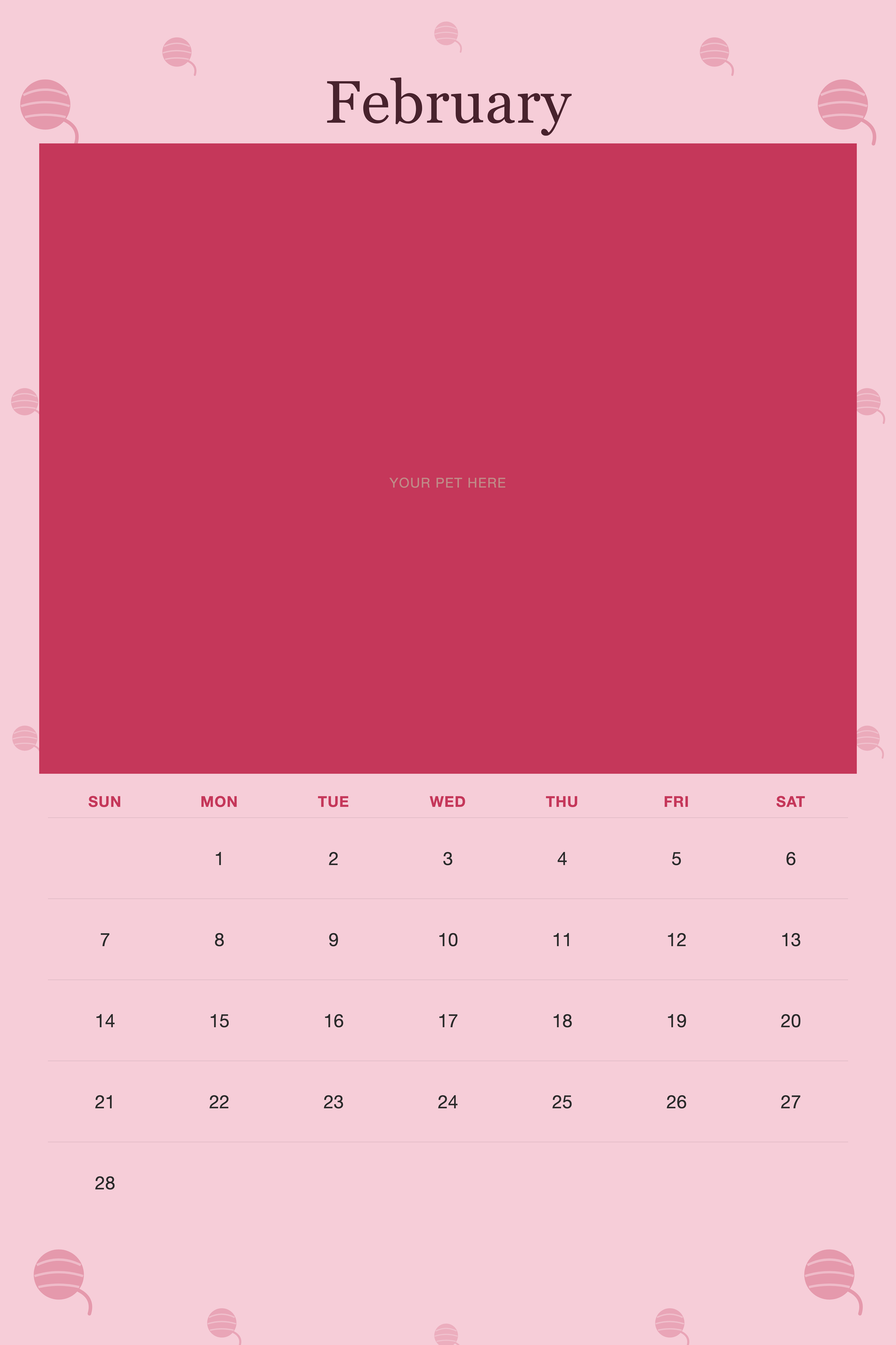 February page of the Personalized Cat Photo Wall Calendar 2027, with a photo area above the date grid