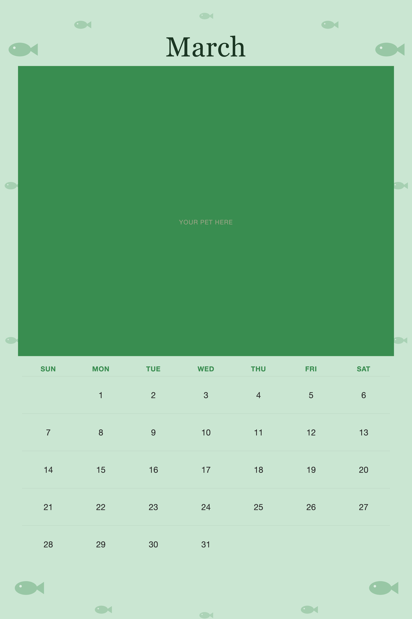 March page of the Personalized Cat Photo Wall Calendar 2027, with a photo area above the date grid