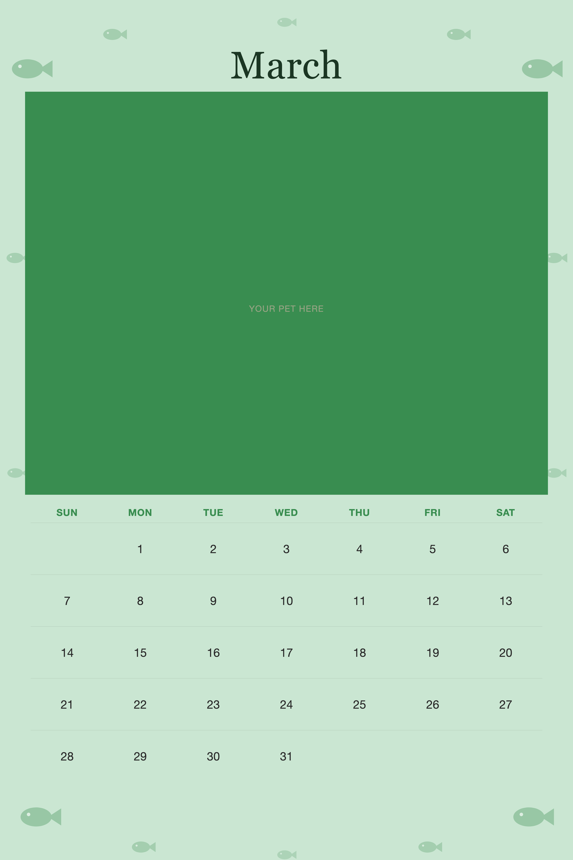 March page of the Personalized Cat Photo Wall Calendar 2027, with a photo area above the date grid