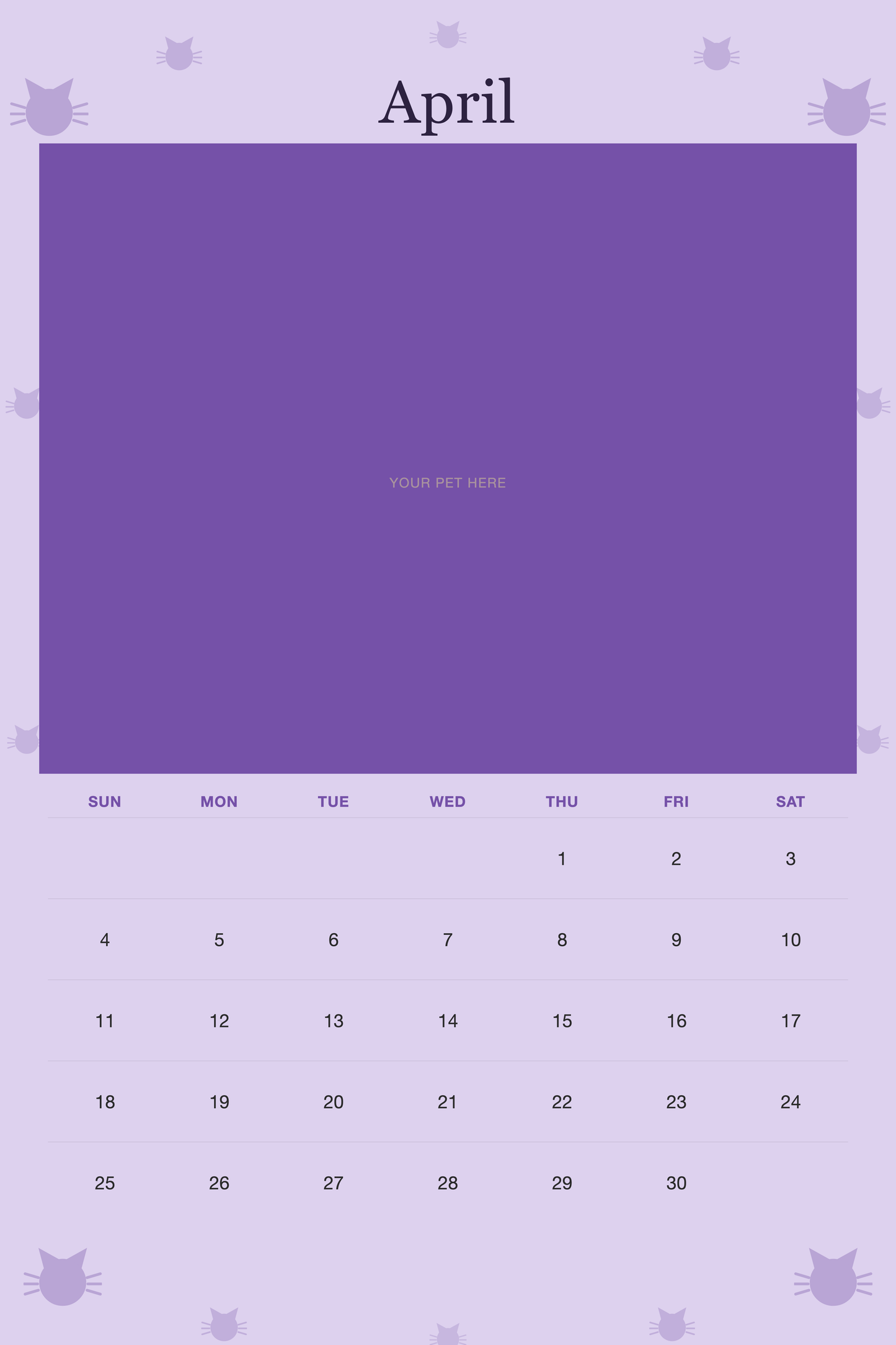April page of the Personalized Cat Photo Wall Calendar 2027, with a photo area above the date grid