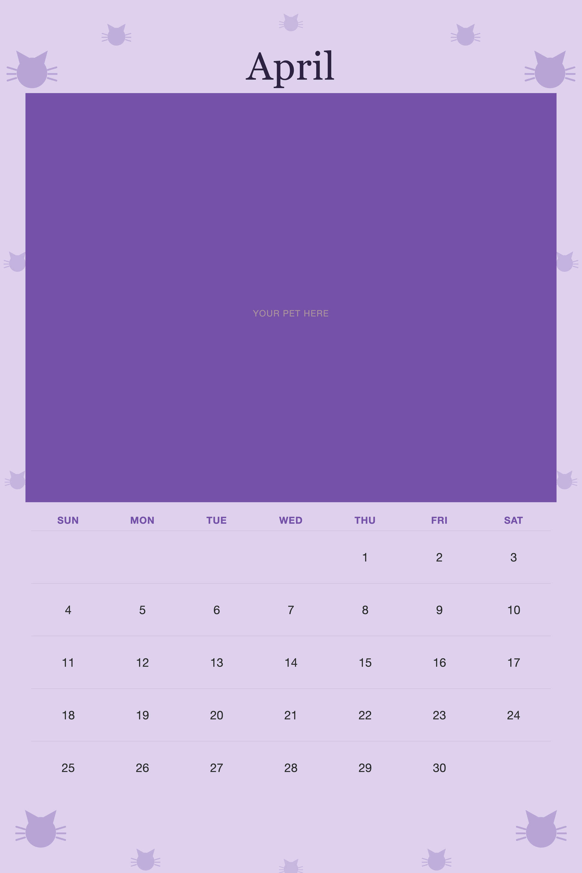 April page of the Personalized Cat Photo Wall Calendar 2027, with a photo area above the date grid