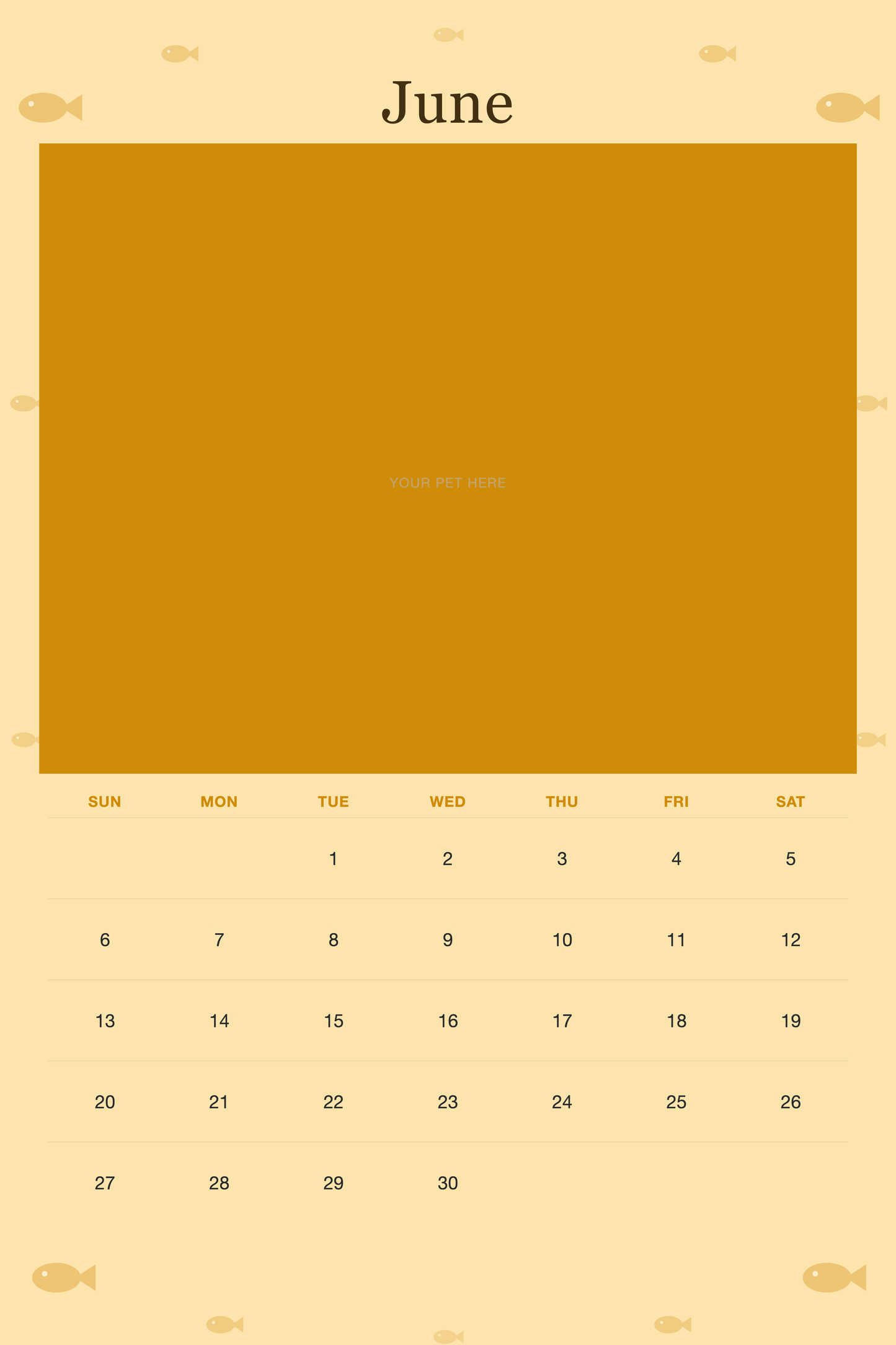 June page of the Personalized Cat Photo Wall Calendar 2027, with a photo area above the date grid