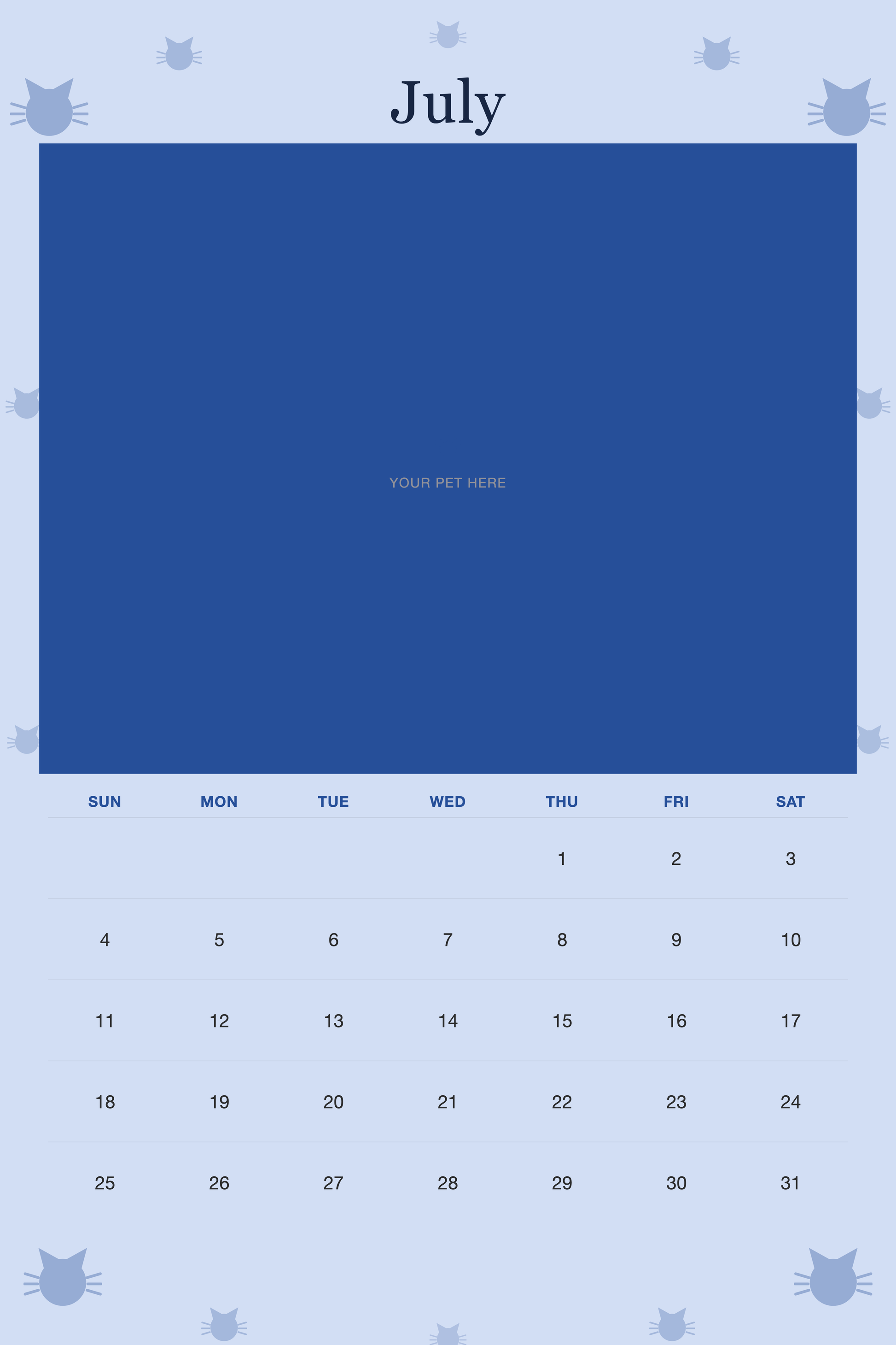 July page of the Personalized Cat Photo Wall Calendar 2027, with a photo area above the date grid