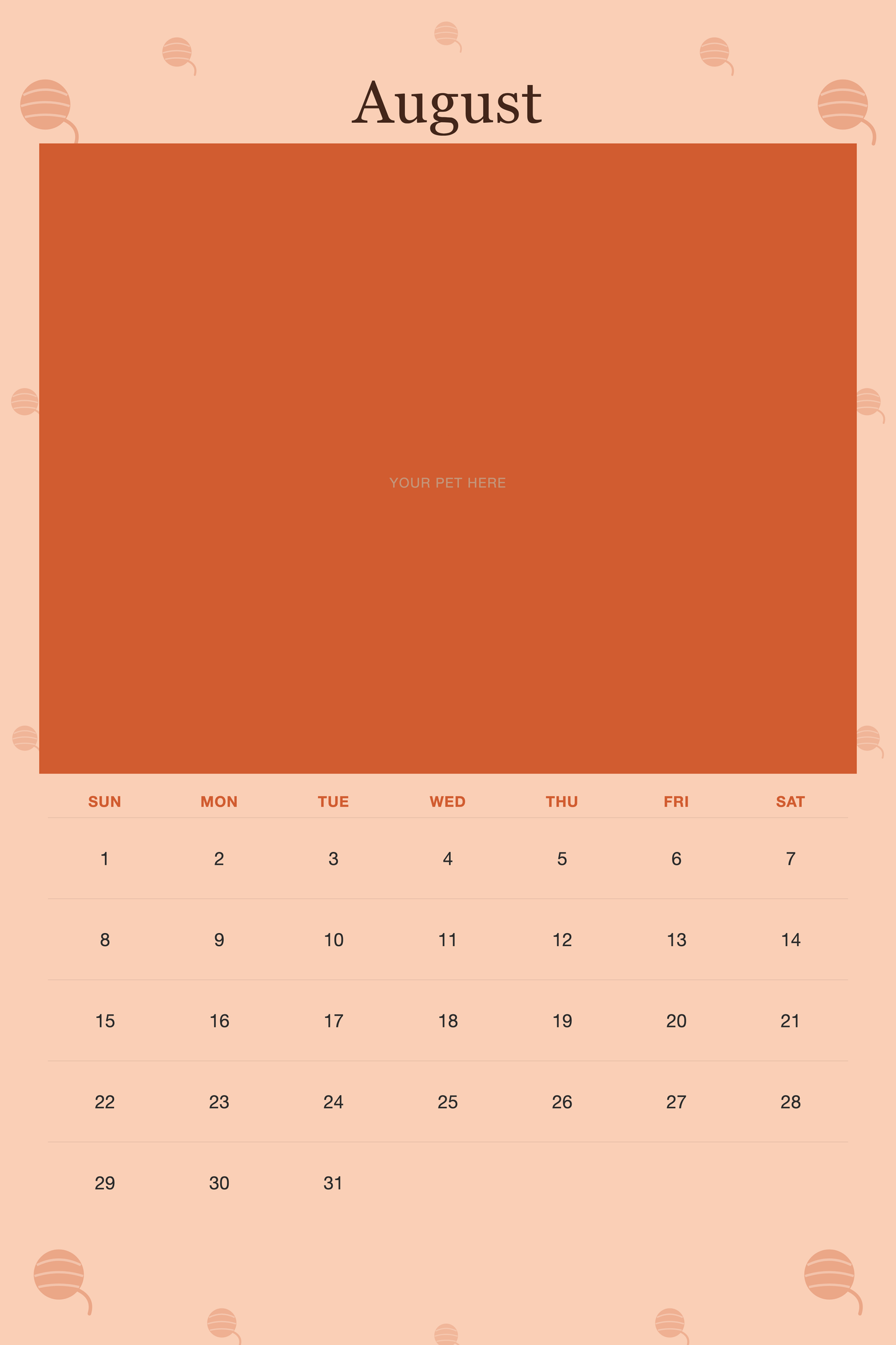 August page of the Personalized Cat Photo Wall Calendar 2027, with a photo area above the date grid