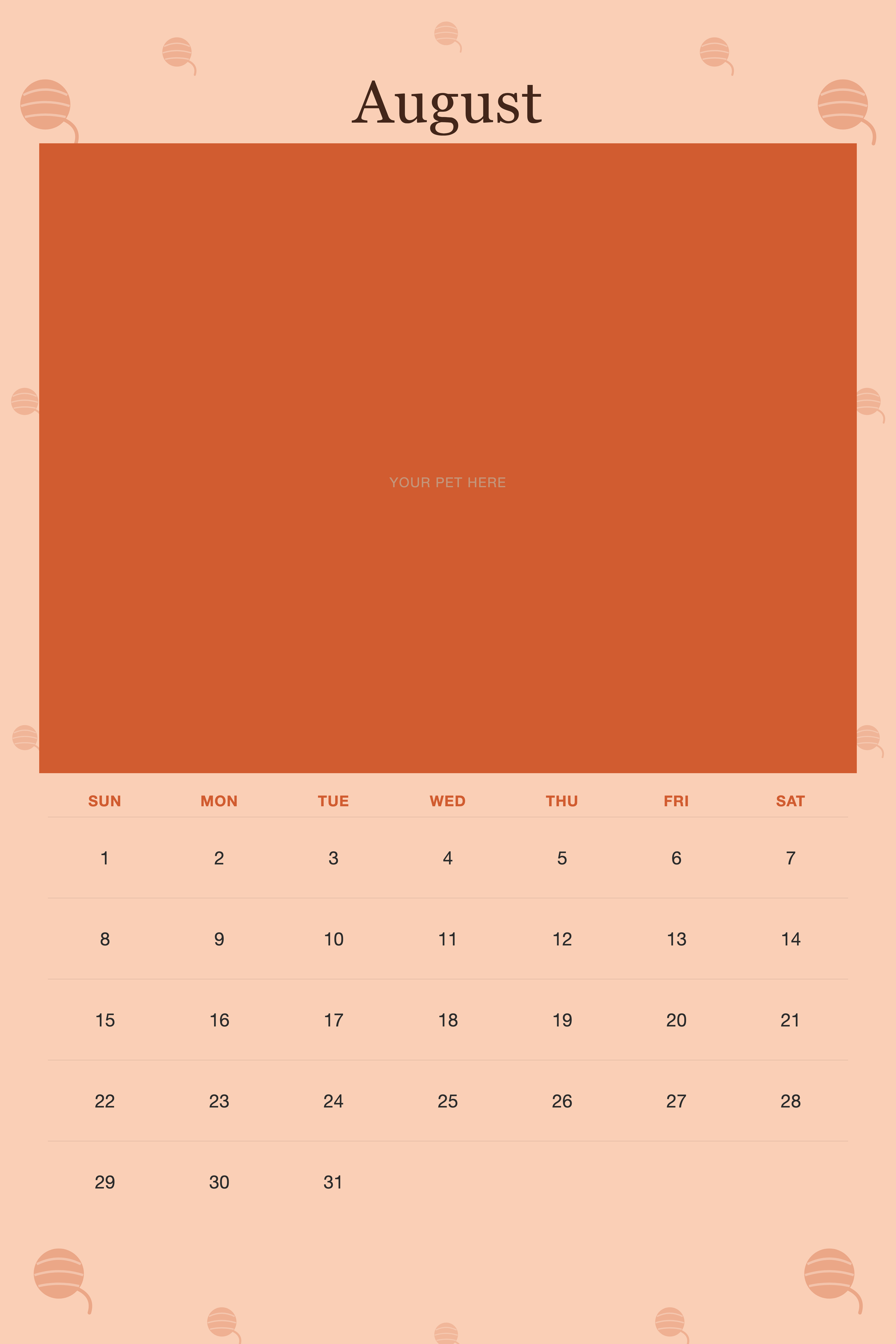 August page of the Personalized Cat Photo Wall Calendar 2027, with a photo area above the date grid